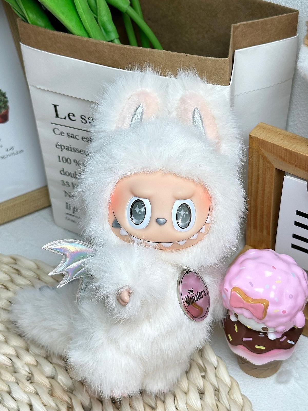 HANDMADE White Angel Labubu 2.0 – Long Fur Handmade Plush Doll
