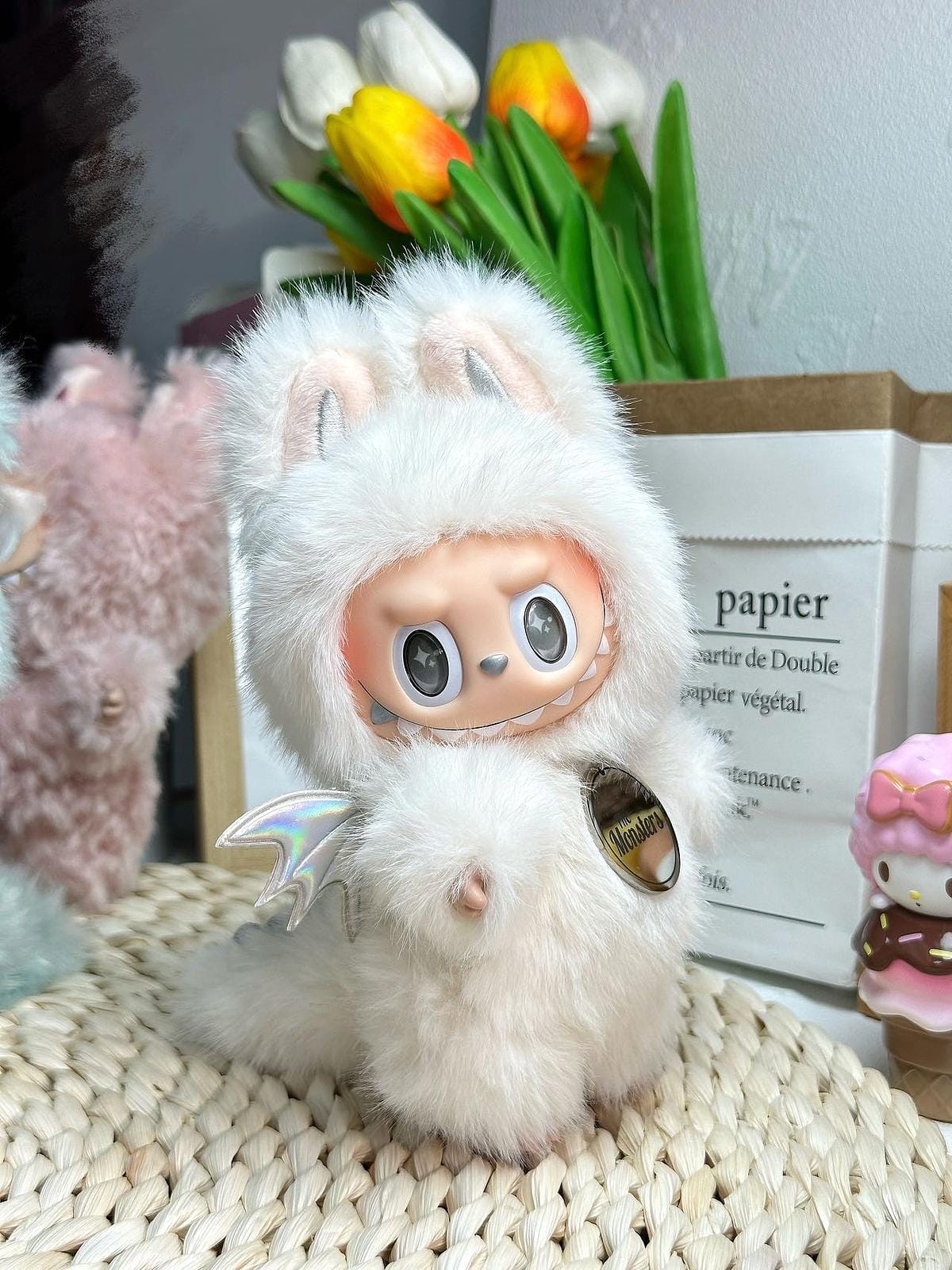 HANDMADE White Angel Labubu 2.0 – Long Fur Handmade Plush Doll