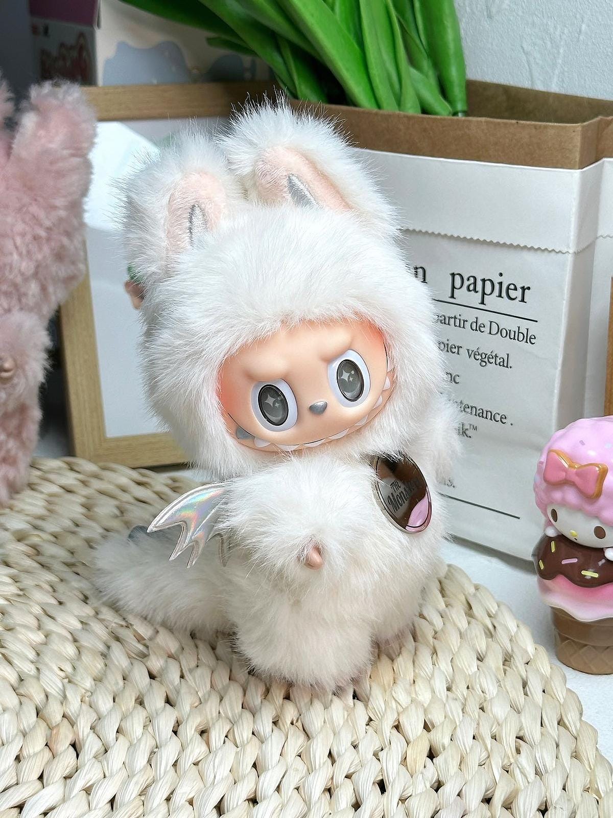 HANDMADE White Angel Labubu 2.0 – Long Fur Handmade Plush Doll