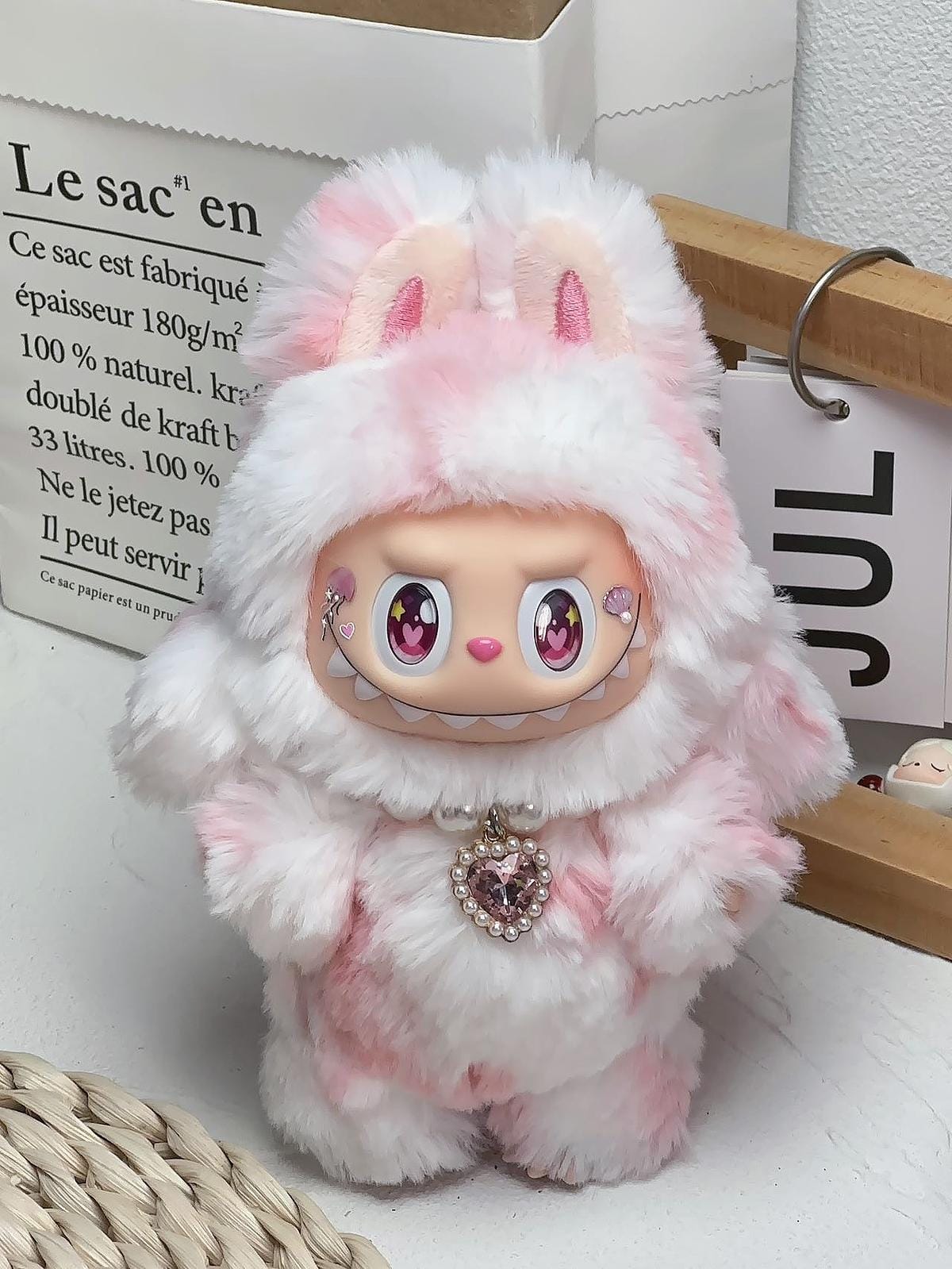HANDMADE Pink & White Long - Tail Labubu – Handmade Plush Doll