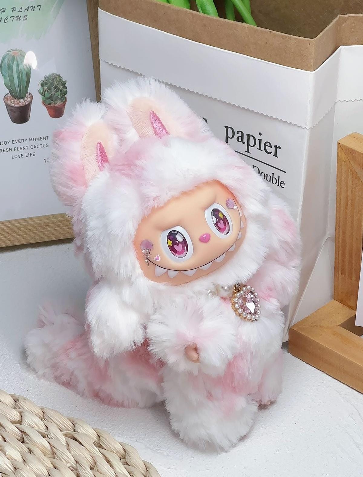 HANDMADE Pink & White Long - Tail Labubu – Handmade Plush Doll