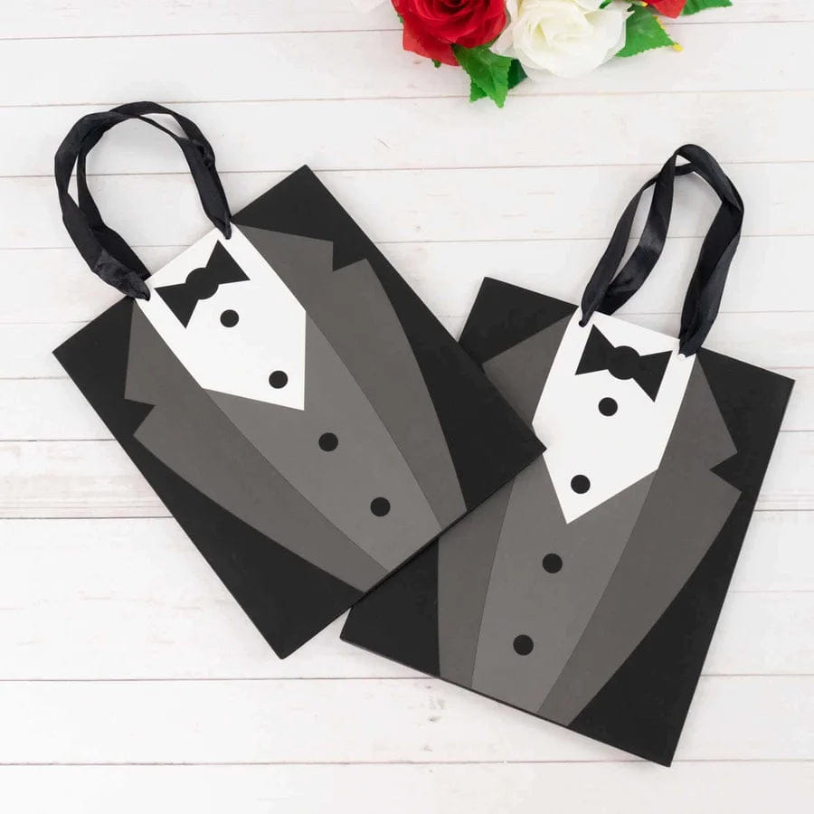 WHITE* 12 Pack White Black Tuxedo Paper Party Favor Goodie Bags With Satin Handles, Reusable Wedding Gift Tote Bags - 8"x9"