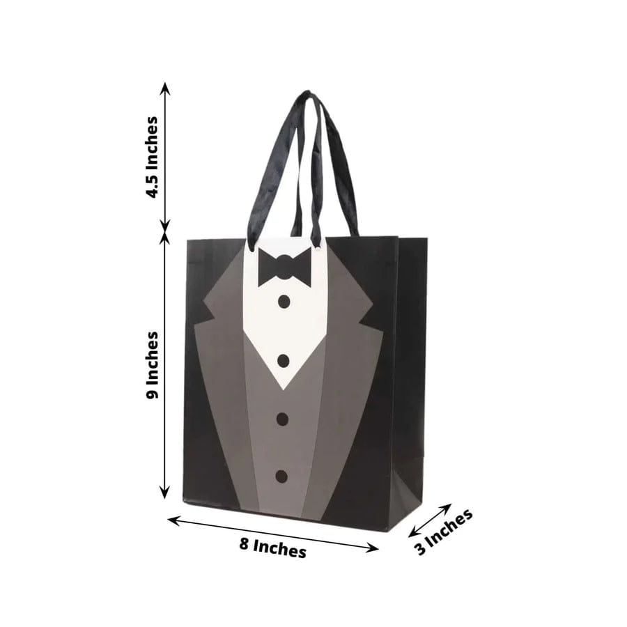 WHITE* 12 Pack White Black Tuxedo Paper Party Favor Goodie Bags With Satin Handles, Reusable Wedding Gift Tote Bags - 8"x9"