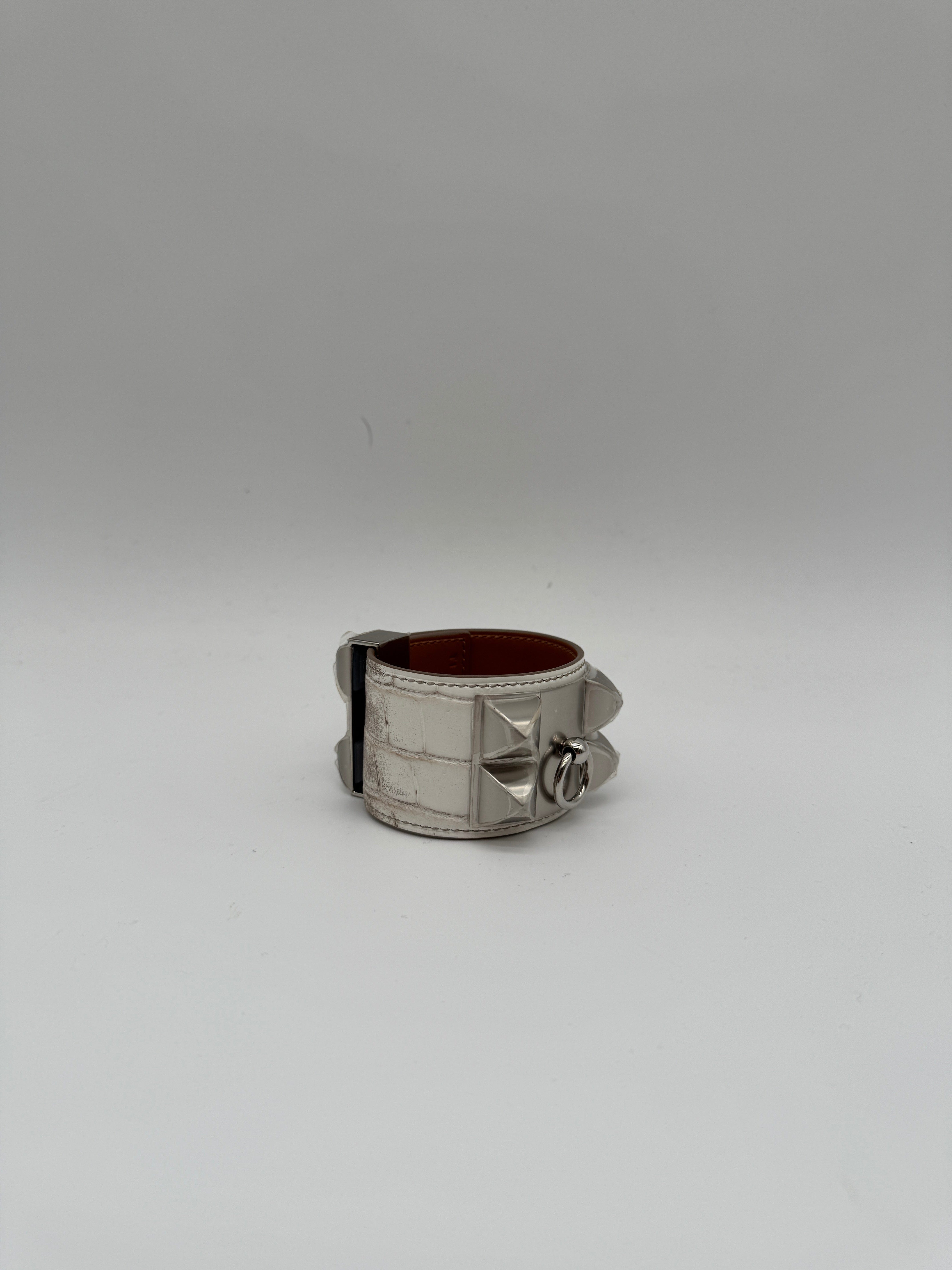 Hermès Collier de Chien Bracelet Himalaya Crocodile Blanc Palladium Hardware