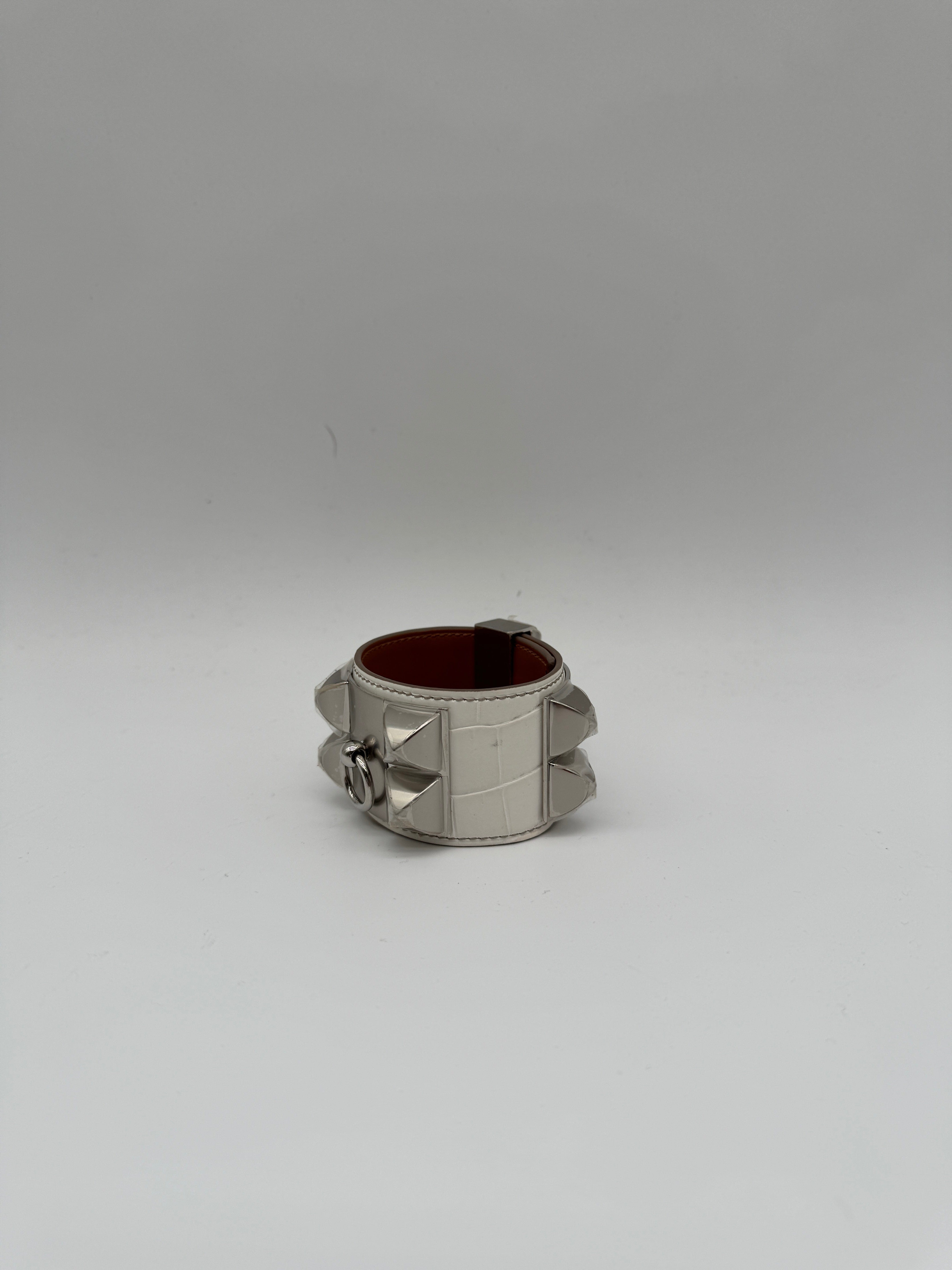 Hermès Collier de Chien Bracelet Himalaya Crocodile Blanc Palladium Hardware