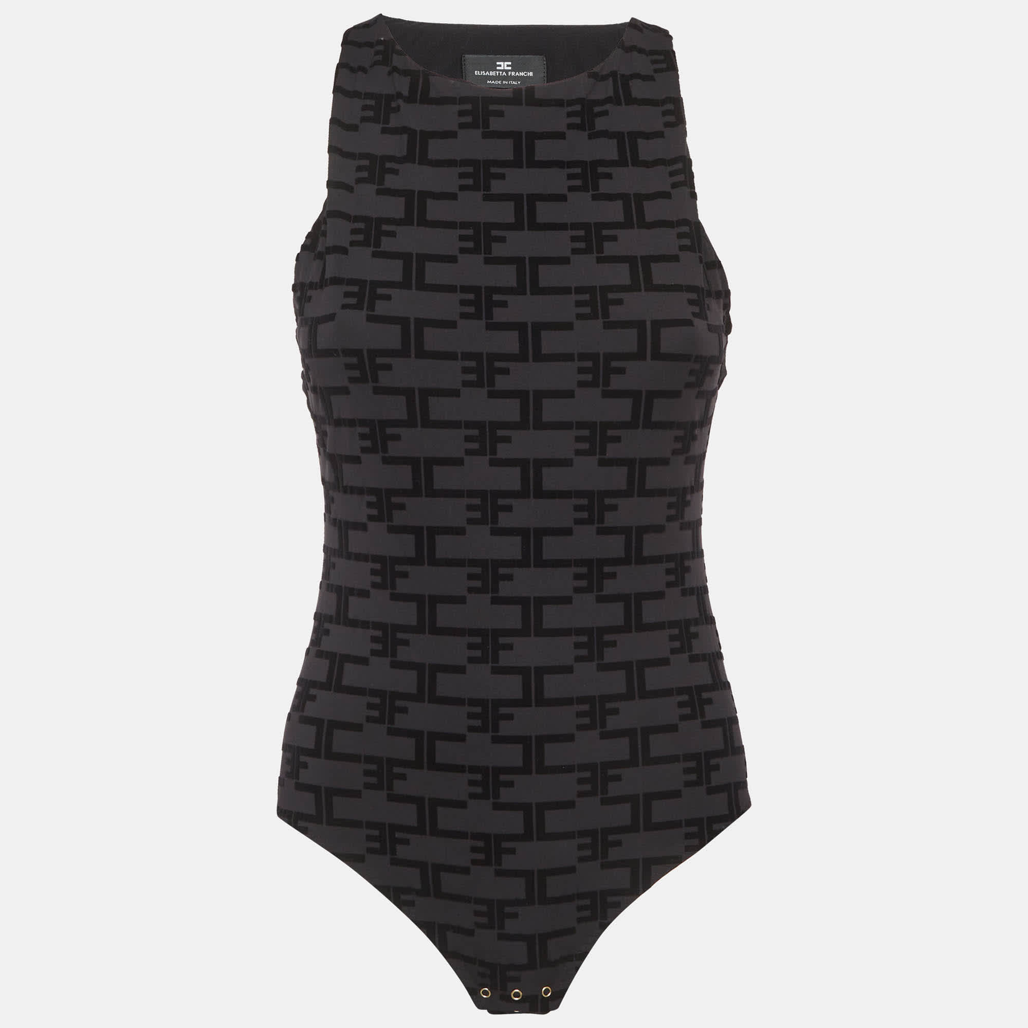 Elisabetta Franchi Black Logo Flocked Stretch Knit Tank Bodysuit