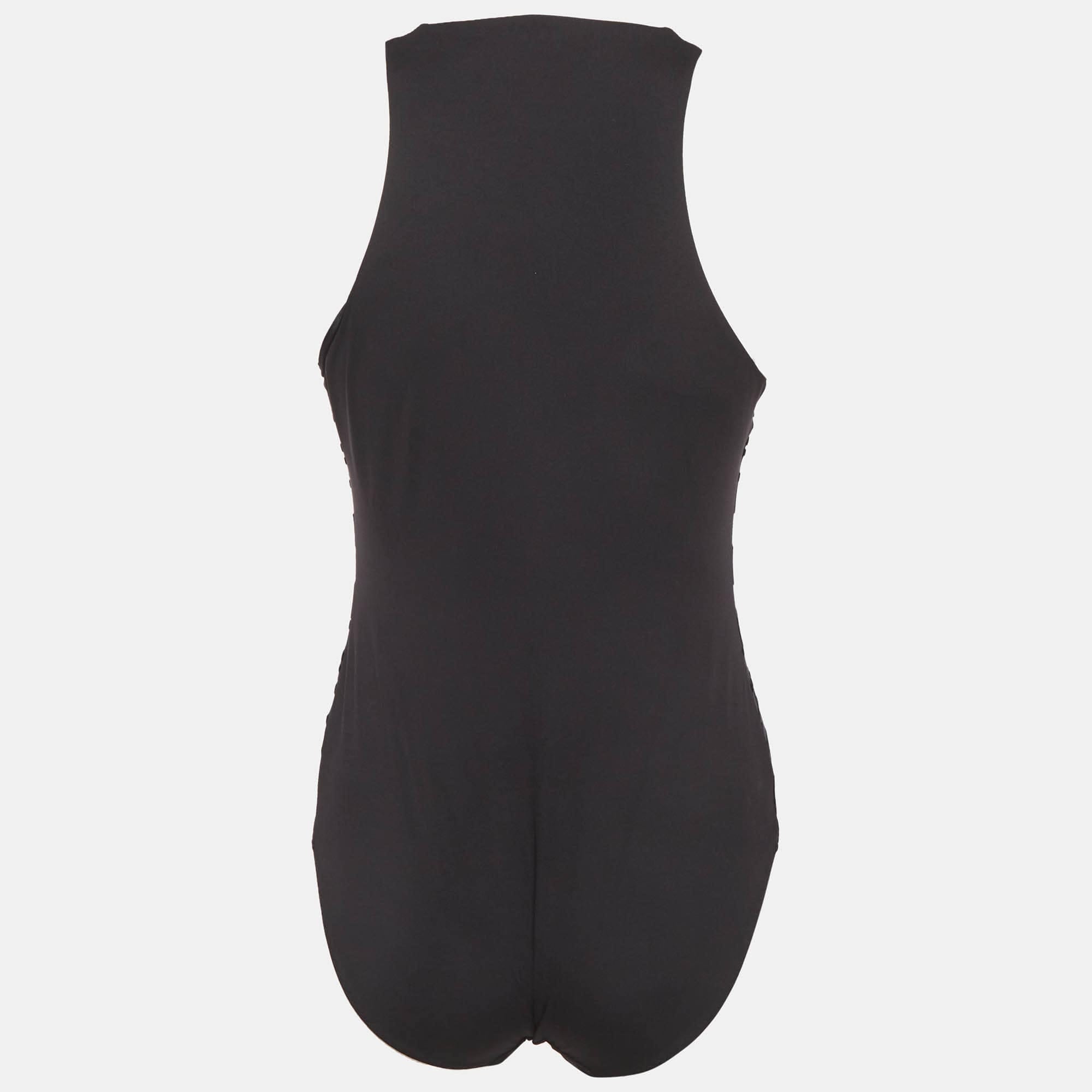 Elisabetta Franchi Black Logo Flocked Stretch Knit Tank Bodysuit