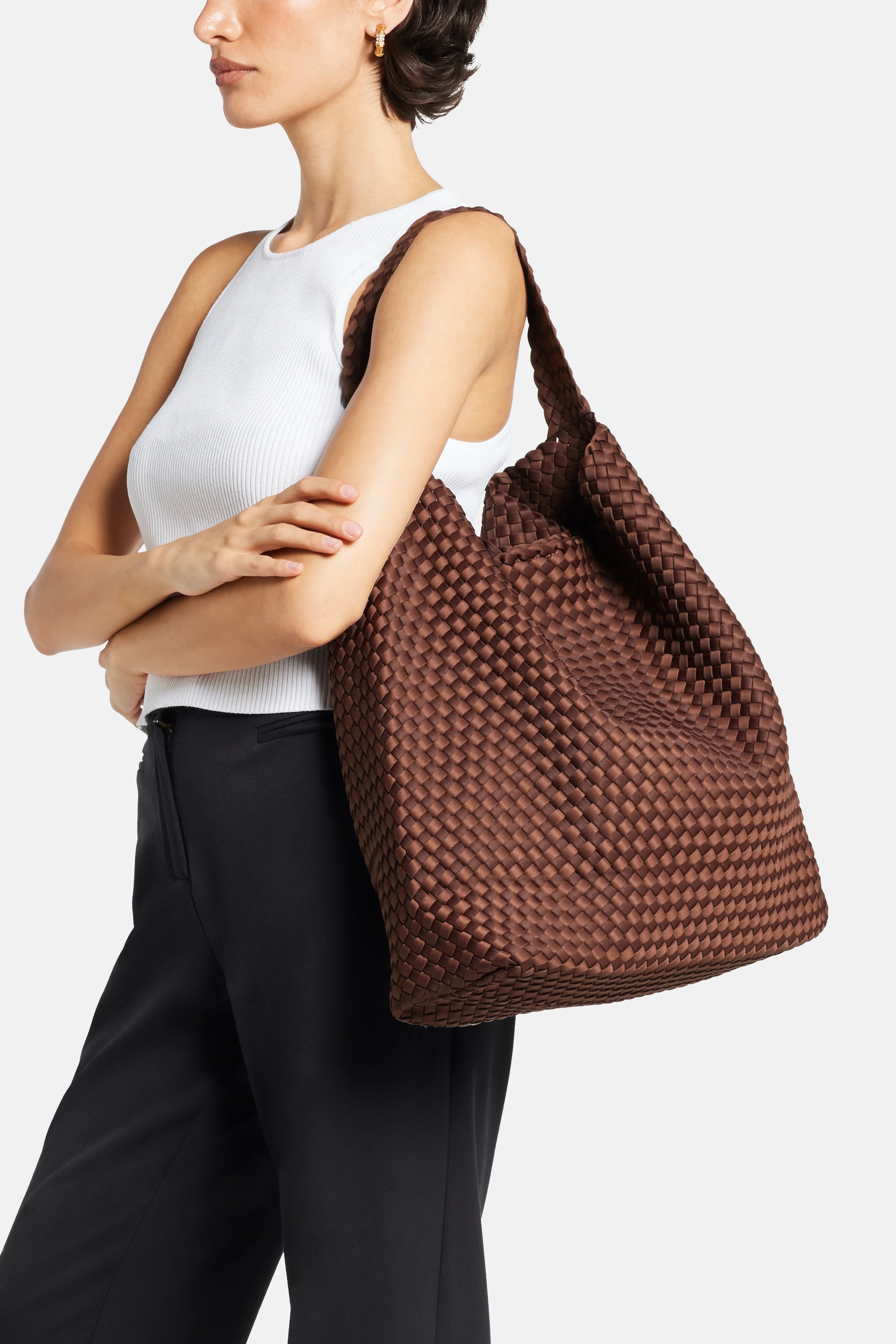 Naghedi Nomad Woven Large Hobo Shoulder Bag in Brown With Pouch