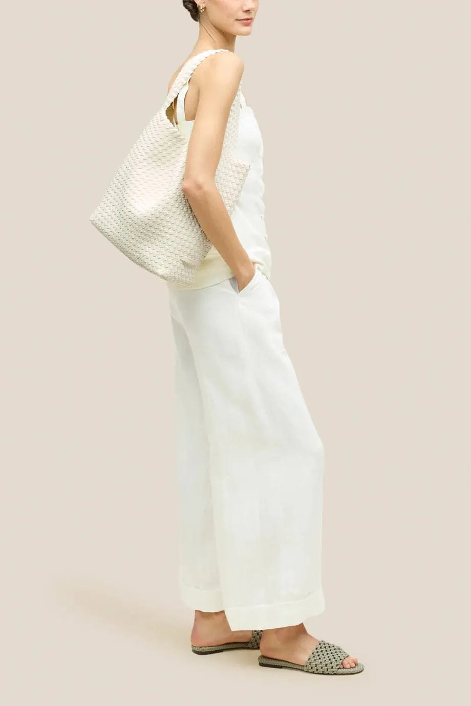 Naghedi Nomad Woven Medium Hobo Shoulder Bag in White With Pouch