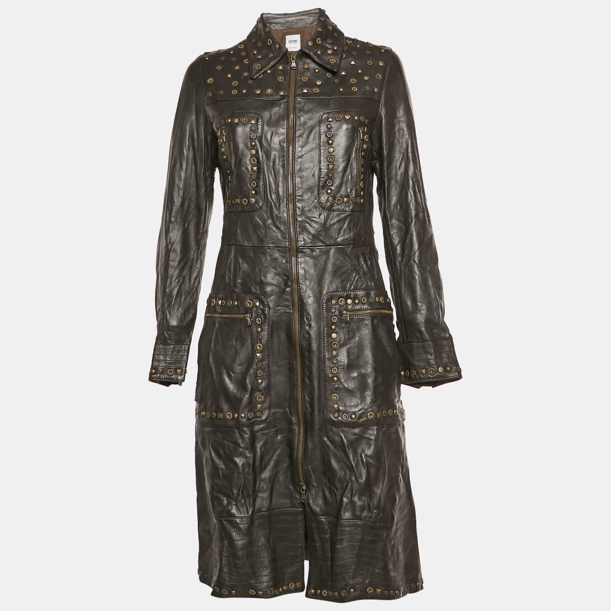 Moschino Cheap And Chic Vintage Brown Leather Studded Long Coat
