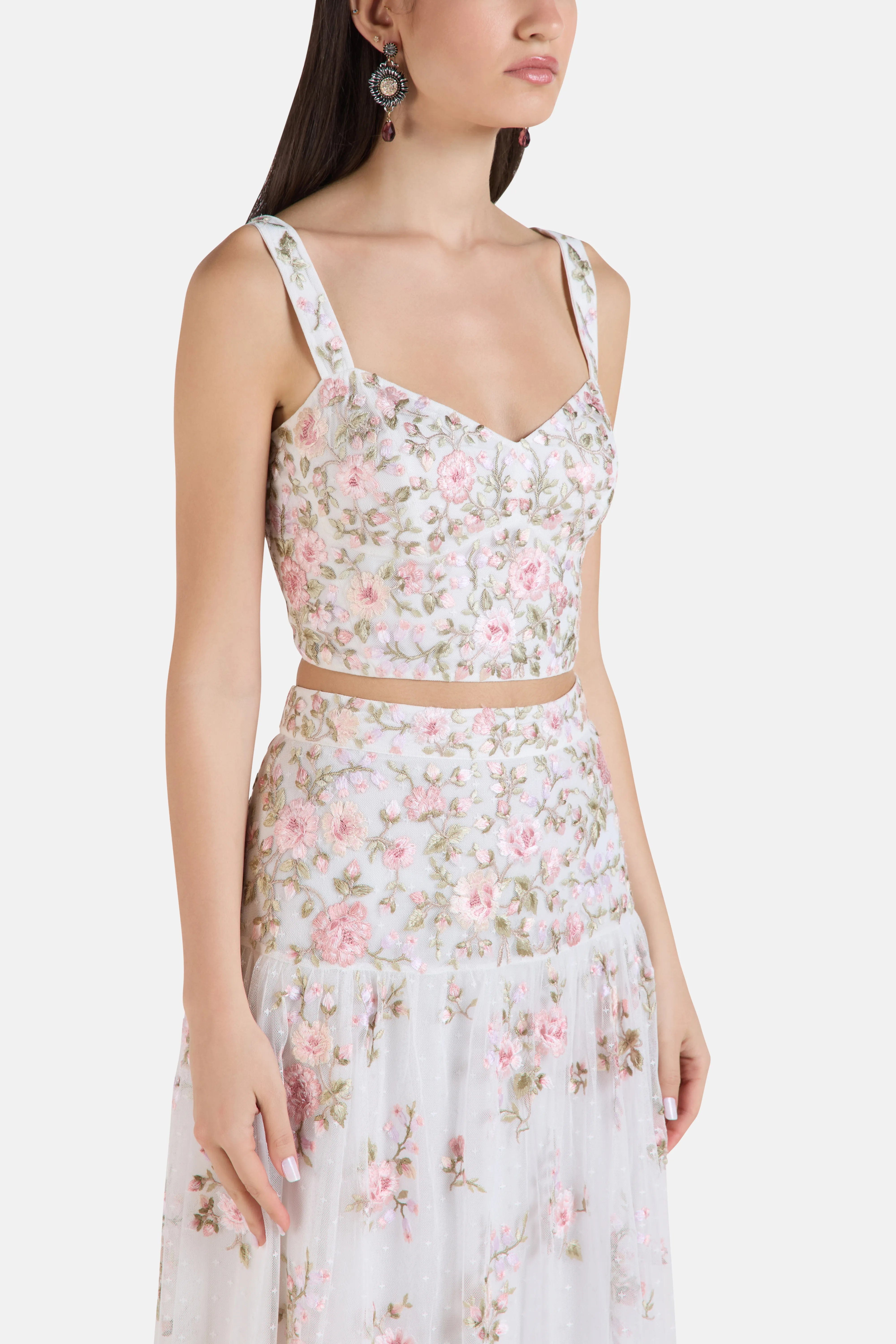 Needle & Thread Eden Rose Floral Sleeveless Crop Top in White
