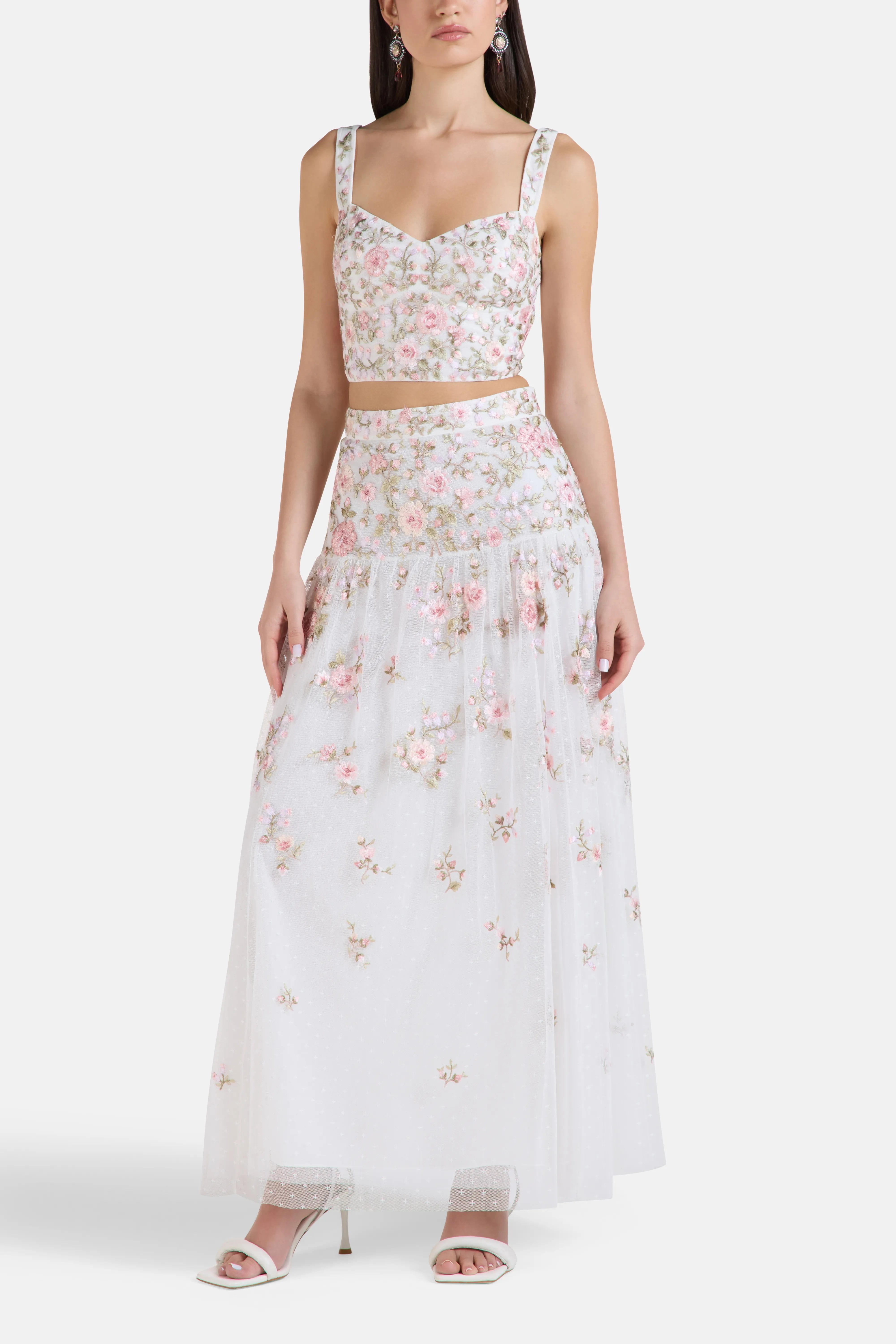 Needle & Thread Eden Rose Floral Sleeveless Crop Top in White