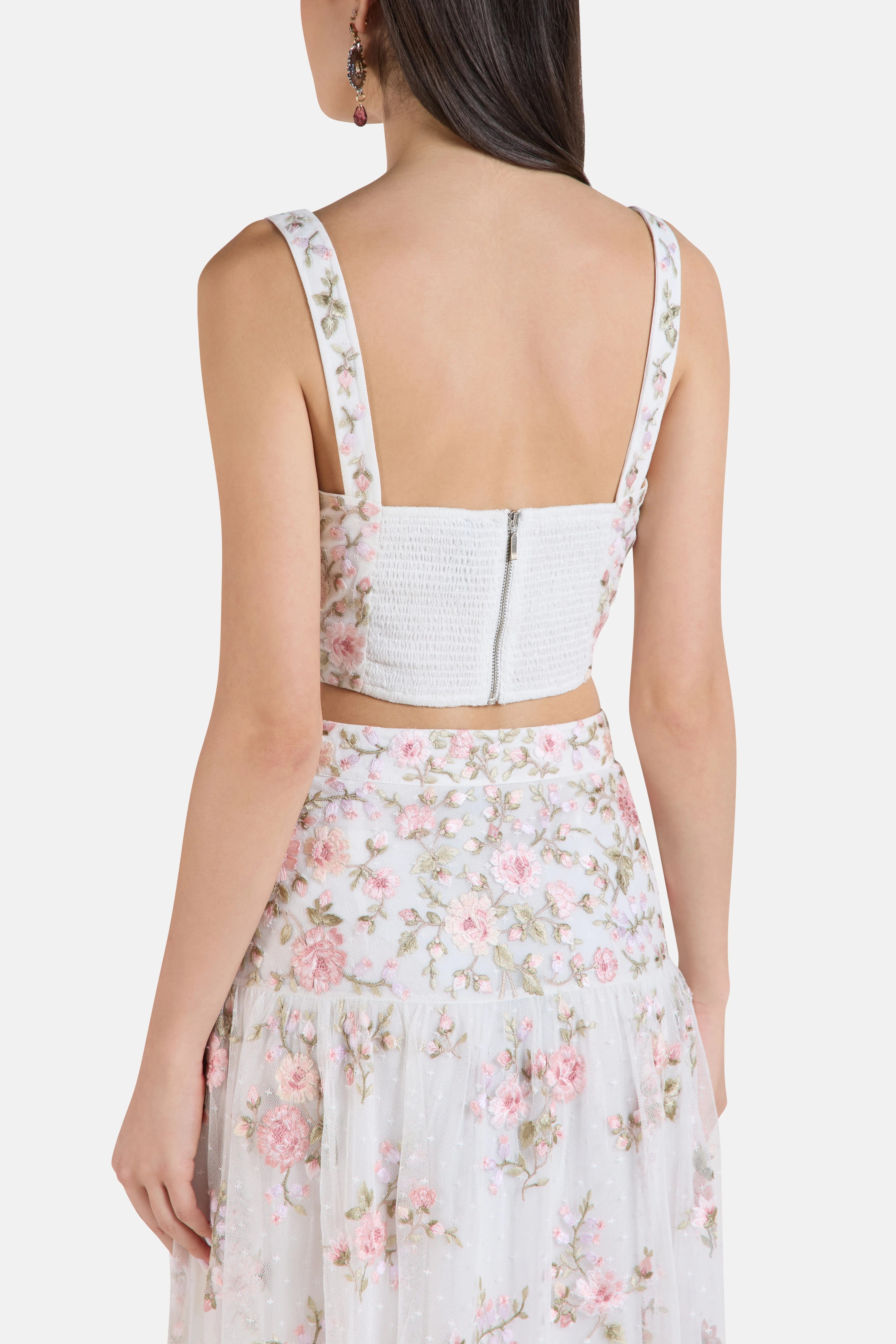Needle & Thread Eden Rose Floral Sleeveless Crop Top in White