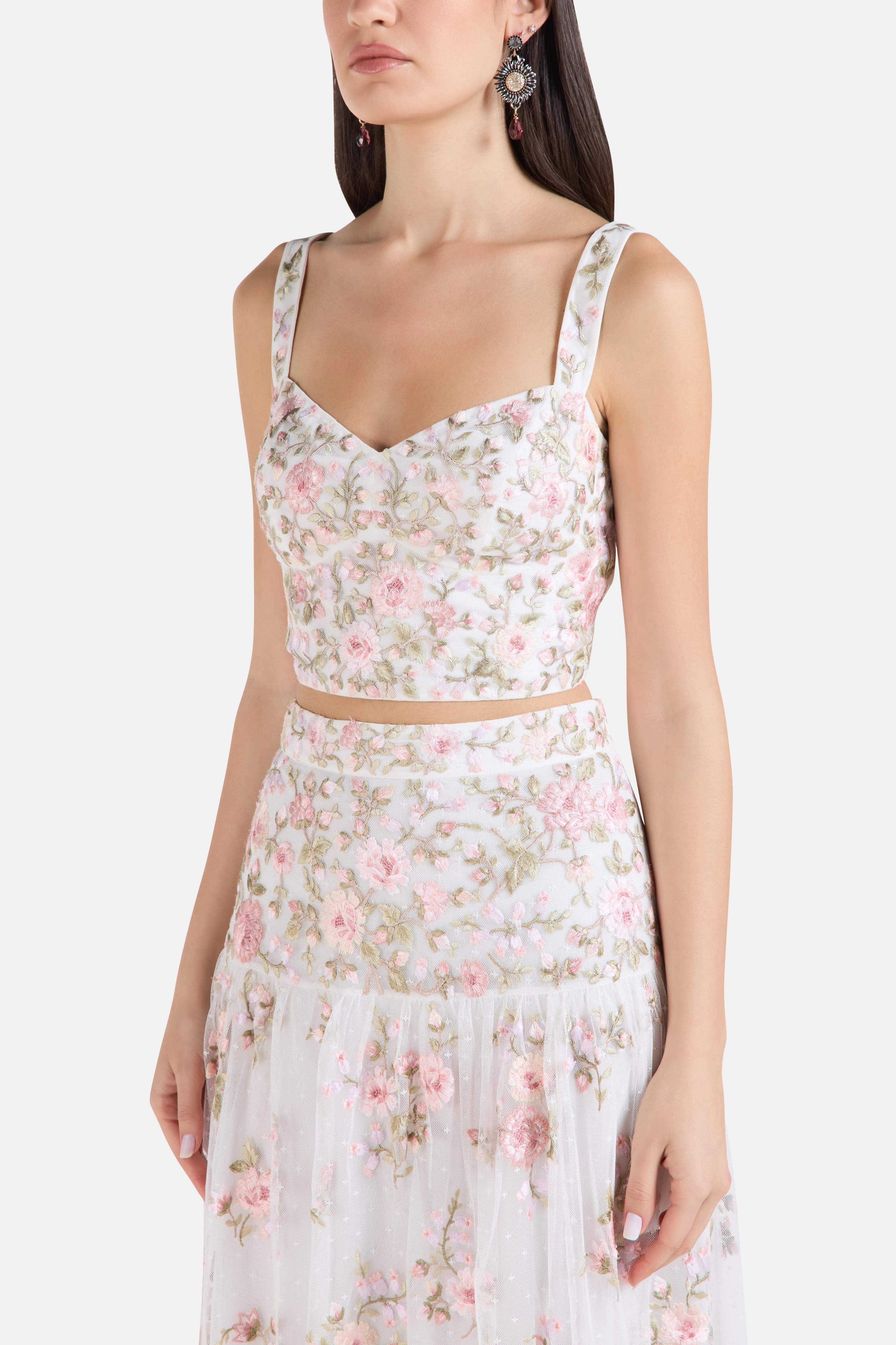 Needle & Thread Eden Rose Floral Sleeveless Crop Top in White