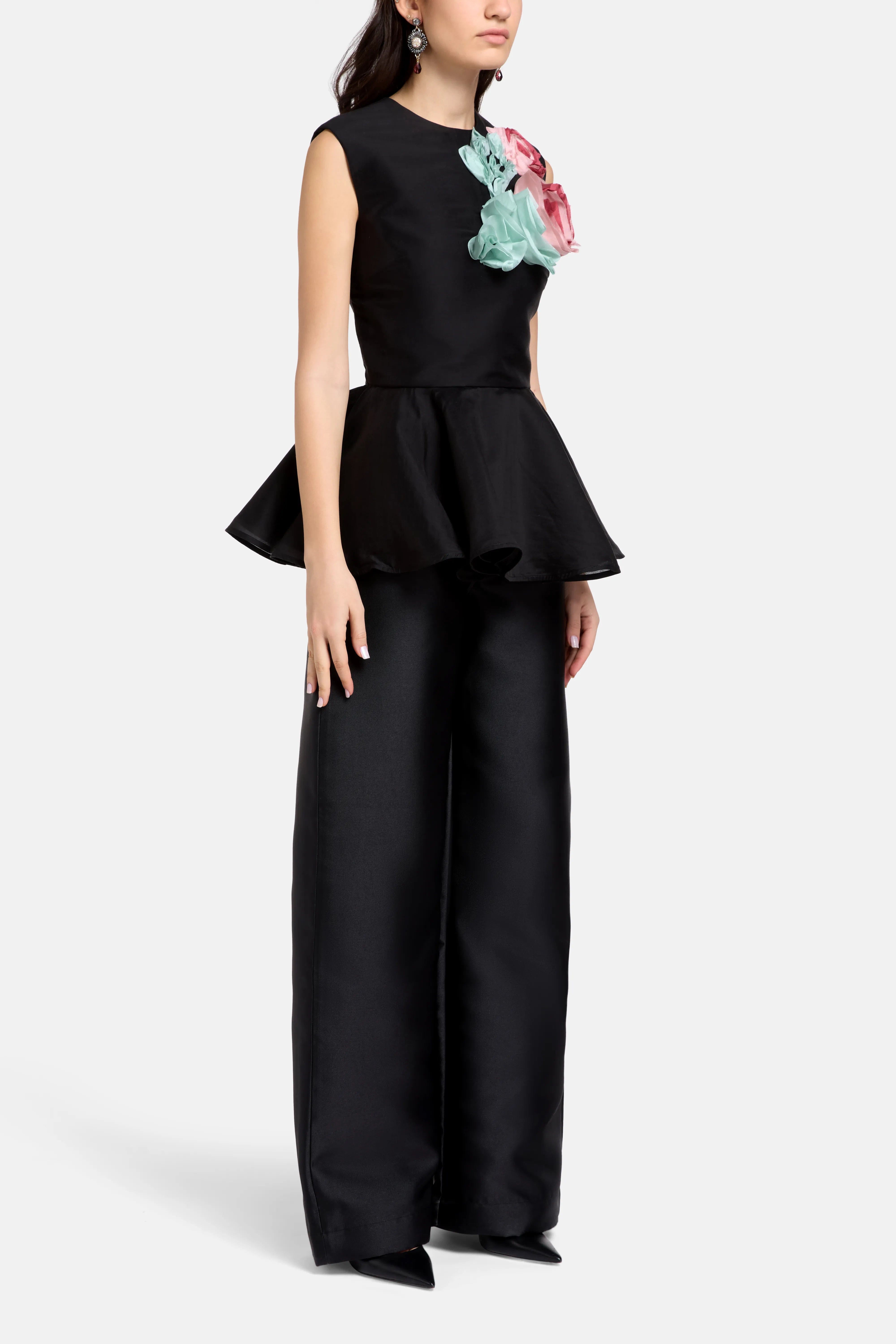 Marques Almeida Floral Embellished Satin and Chiffon Sleeveless Top in Black