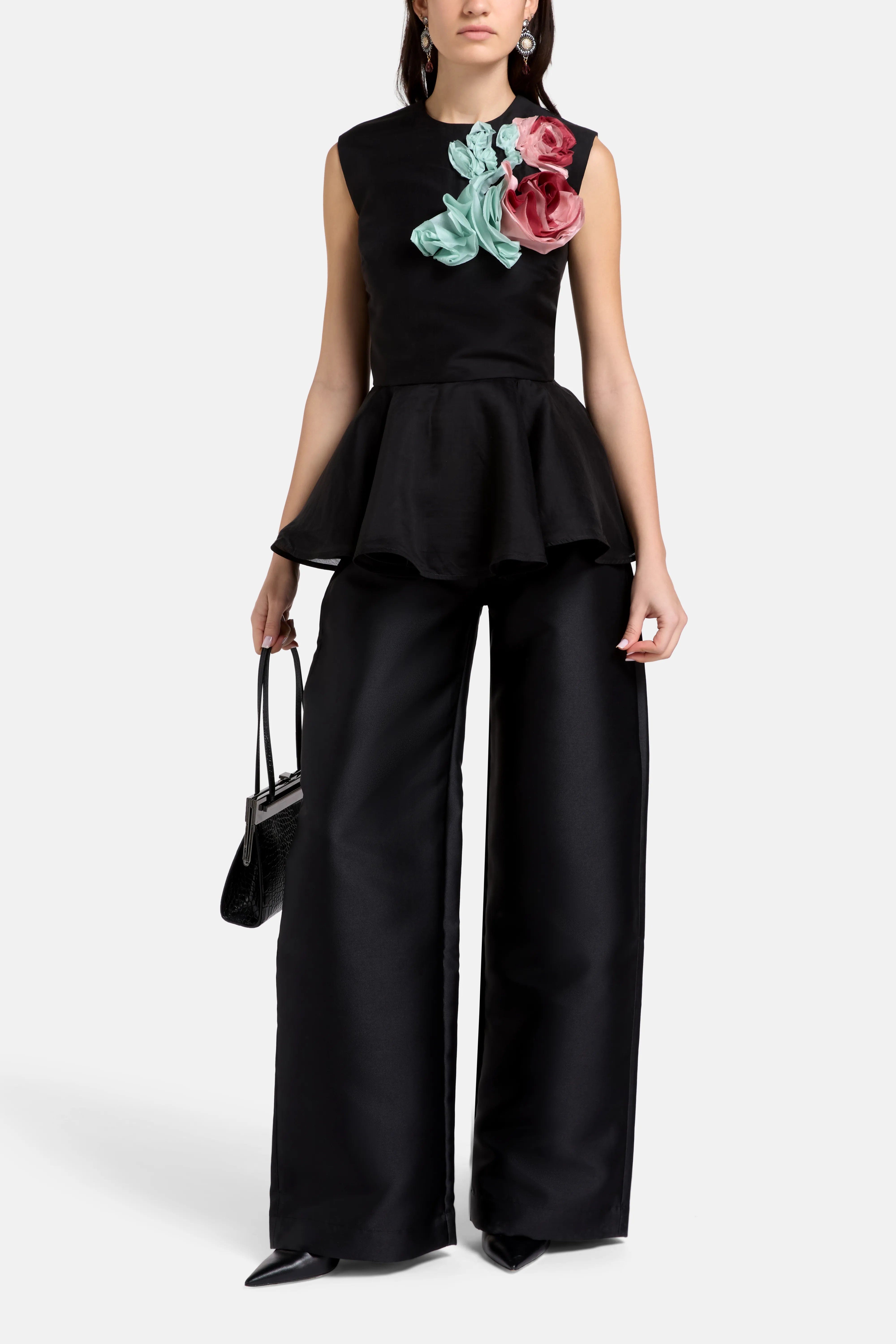Marques Almeida Floral Embellished Satin and Chiffon Sleeveless Top in Black
