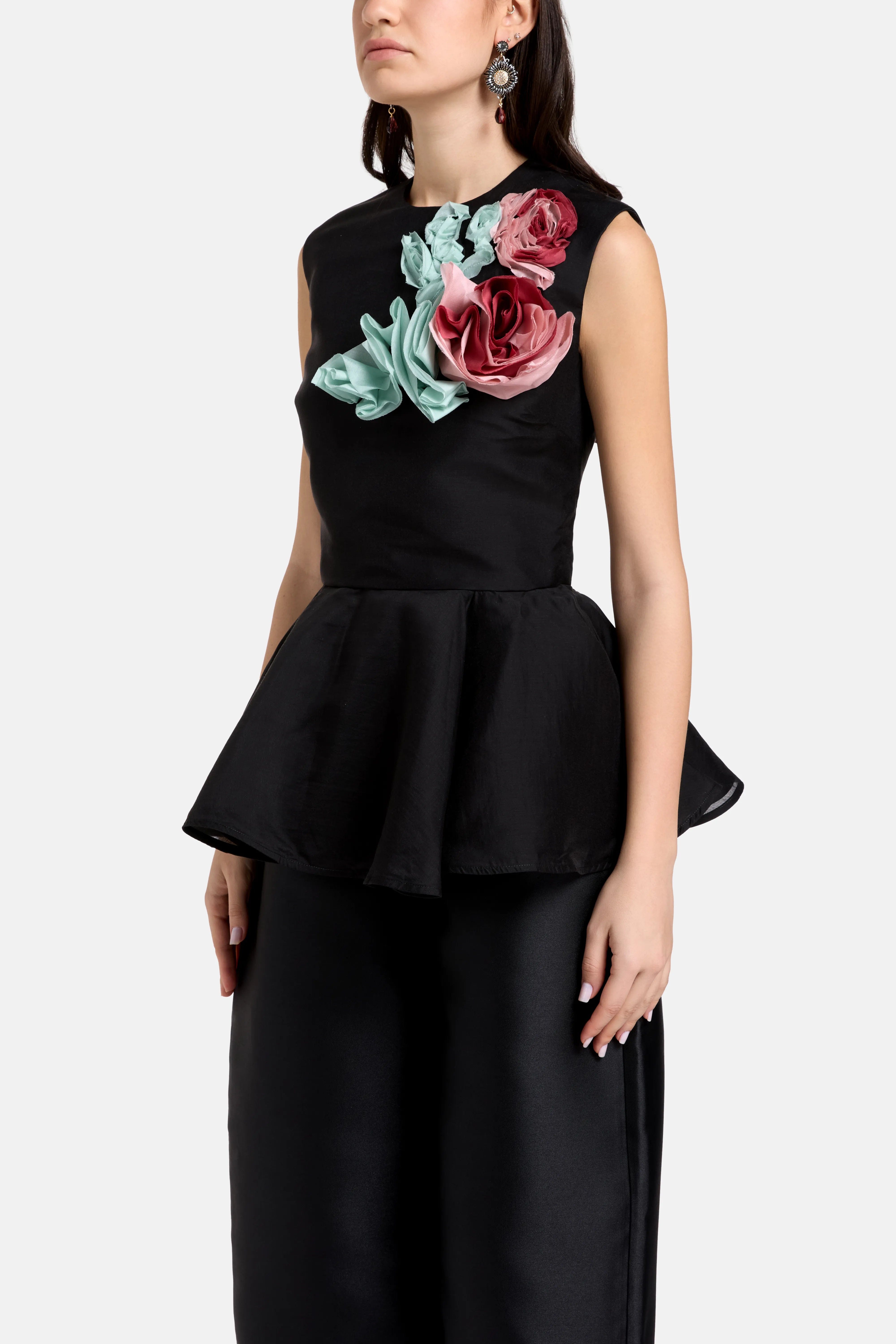 Marques Almeida Floral Embellished Satin and Chiffon Sleeveless Top in Black