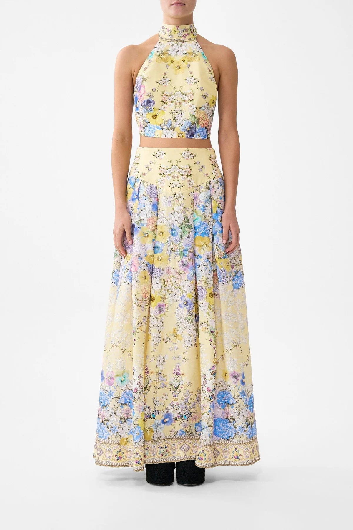 Camilla Darling Buds Sleeveless Floral Linen Silk Halter Tie Back Top in Yellow