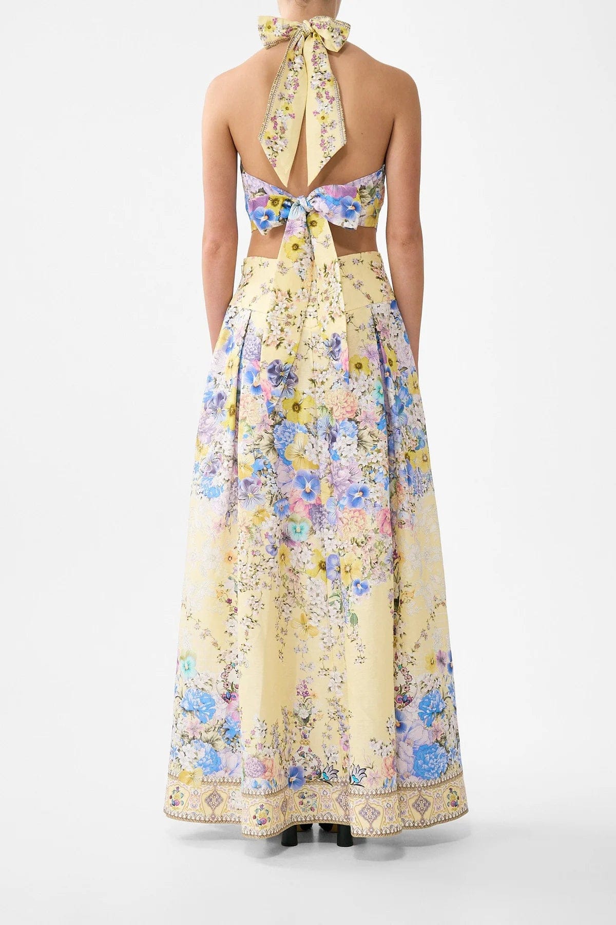 Camilla Darling Buds Sleeveless Floral Linen Silk Halter Tie Back Top in Yellow