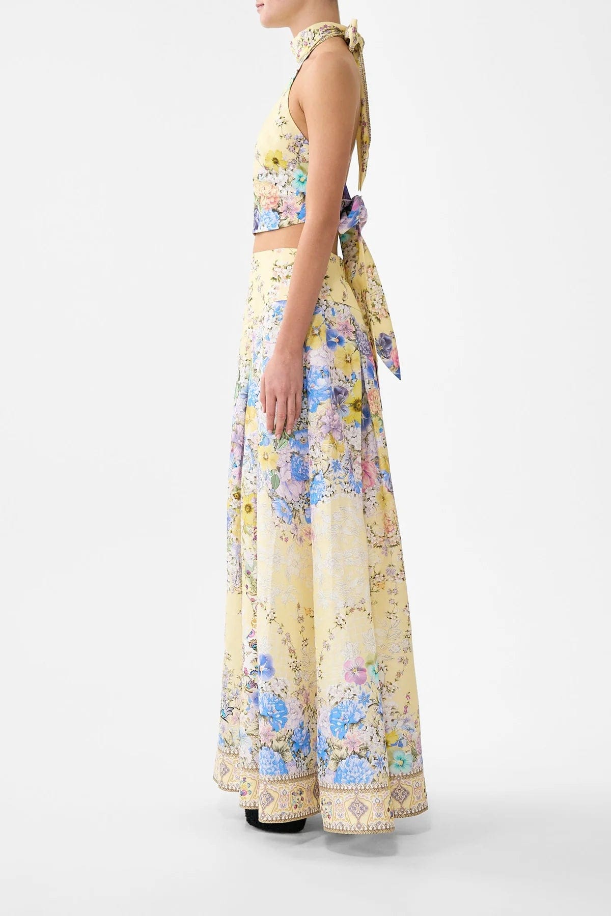 Camilla Darling Buds Sleeveless Floral Linen Silk Halter Tie Back Top in Yellow