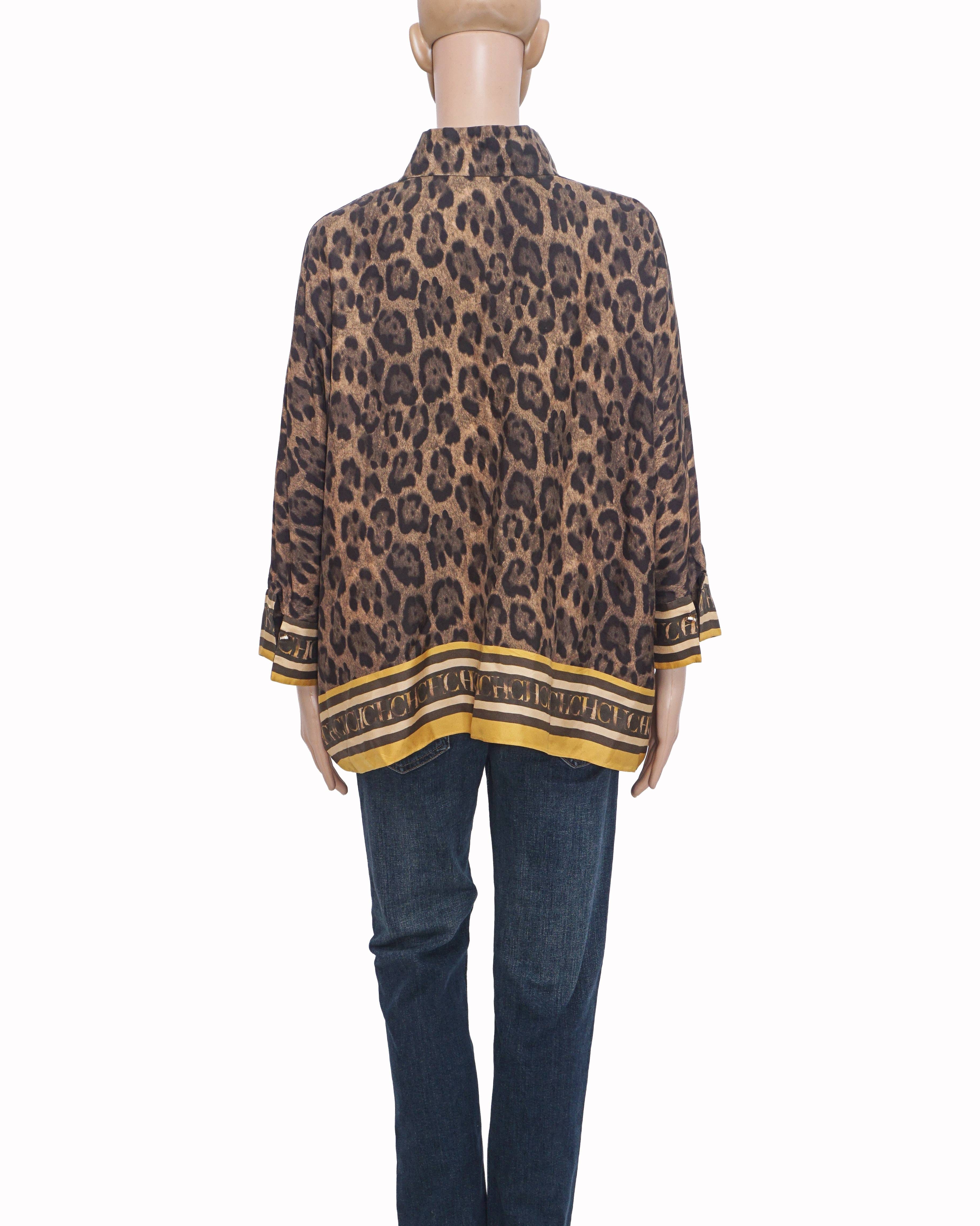 Carolina Herrera Leopard Print CH Monogram Border Silk Blouse
