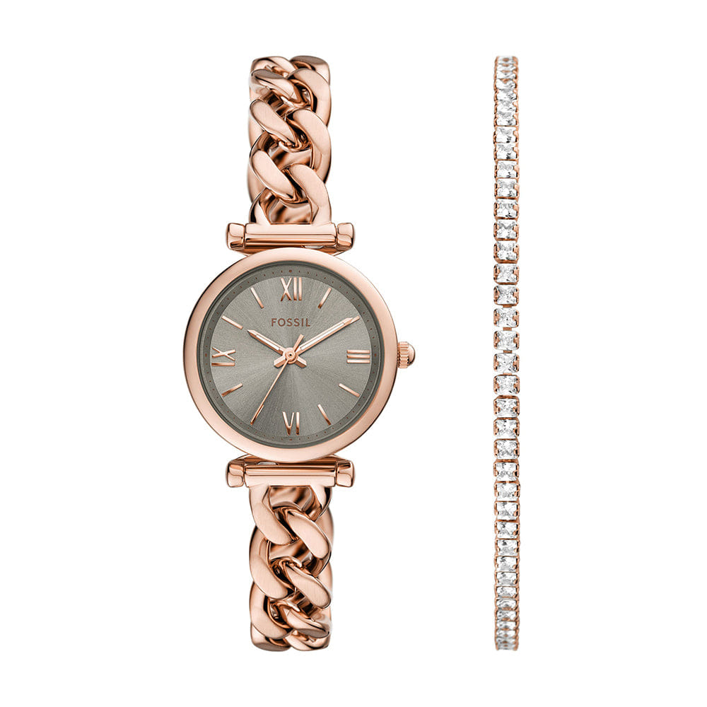 Fossil Women's Carlie Three - Hand Rose Gold - Tone Stainless Steel Watch and Bracelet Set