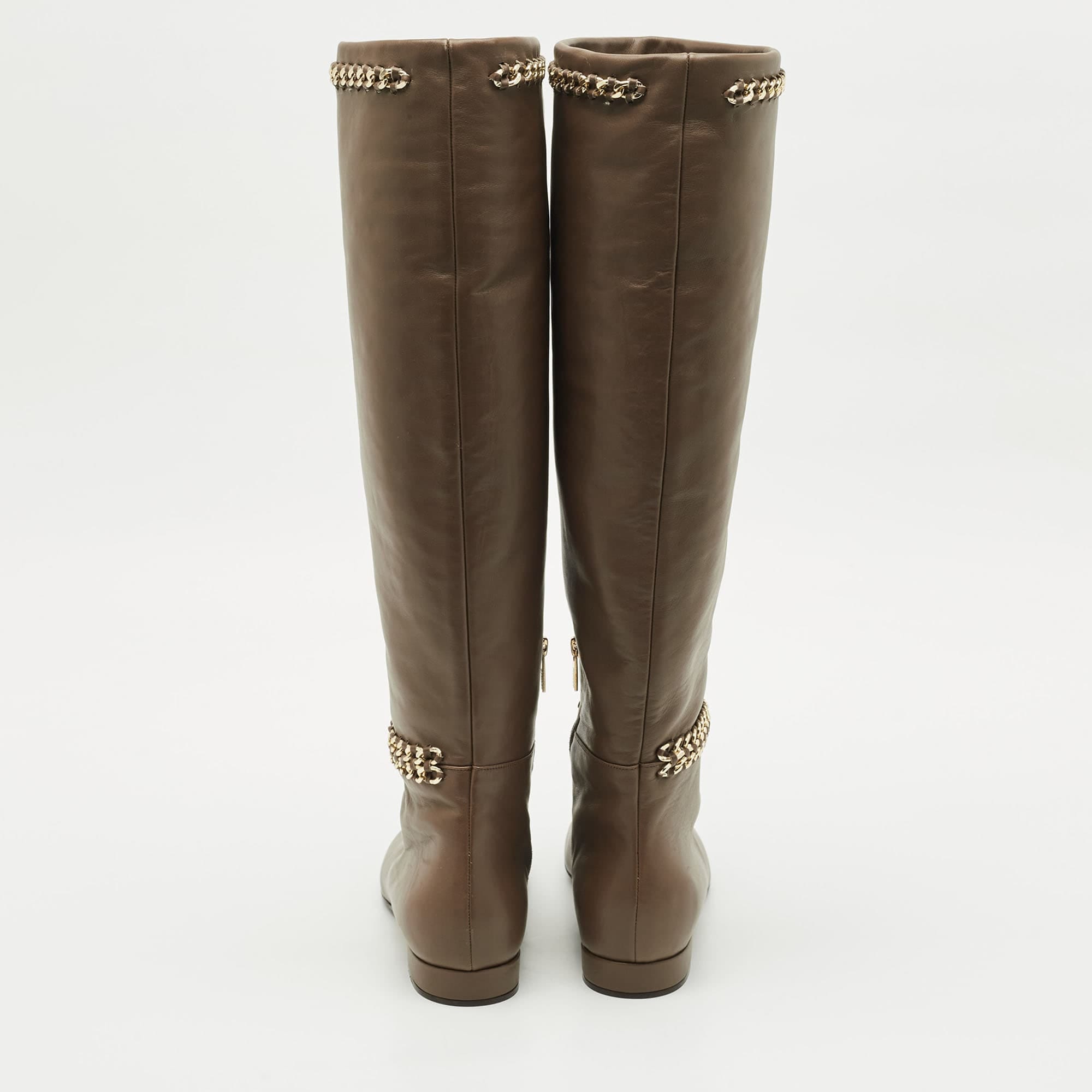 Le Silla Brown Leather Chain Detail Knee High Boots