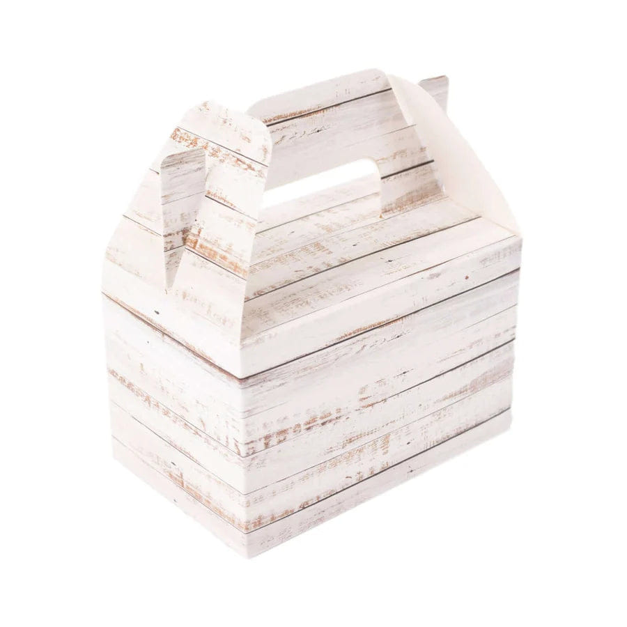 WHITE* 25 Pack Rustic White Candy Gift Tote Gable Boxes With Wood Plank Pattern, Party Favor Treat Boxes - 4"x2.5"x4.5"