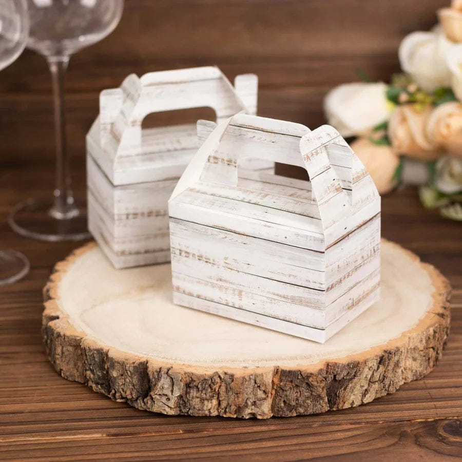 WHITE* 25 Pack Rustic White Candy Gift Tote Gable Boxes With Wood Plank Pattern, Party Favor Treat Boxes - 4"x2.5"x4.5"