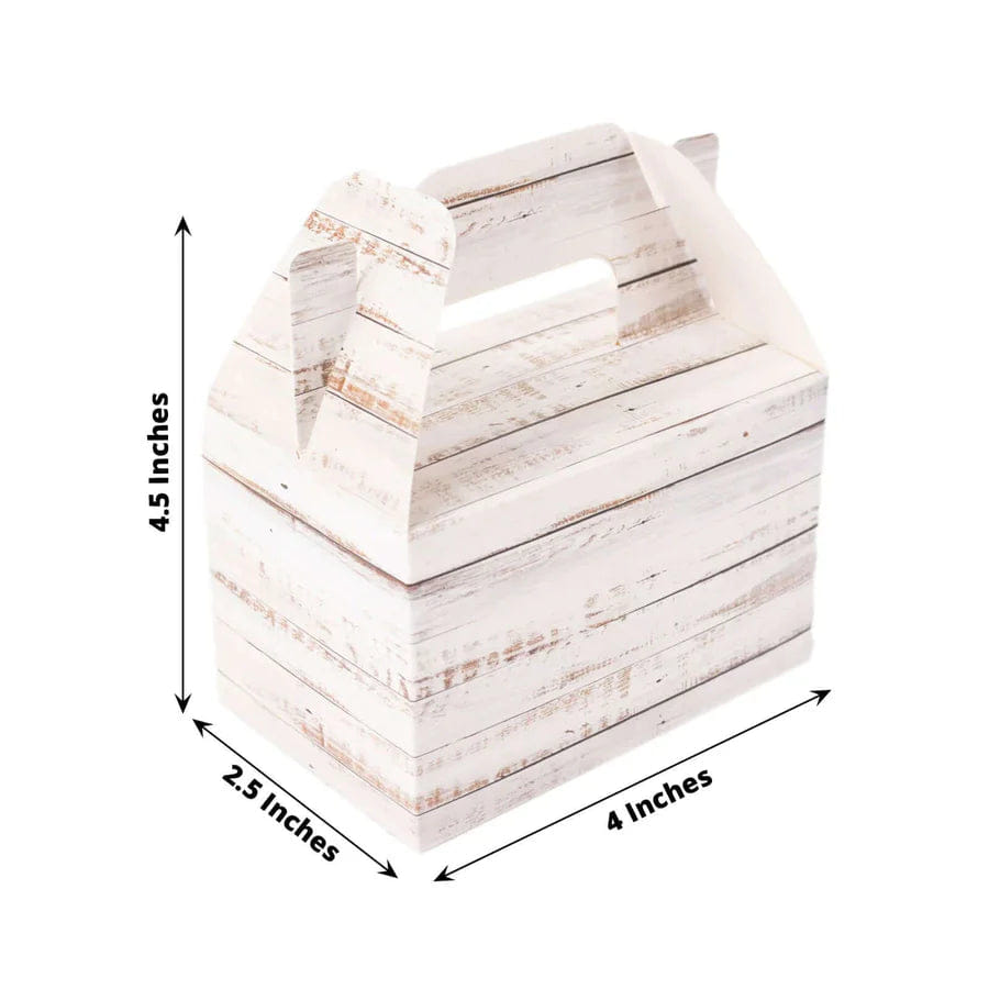 WHITE* 25 Pack Rustic White Candy Gift Tote Gable Boxes With Wood Plank Pattern, Party Favor Treat Boxes - 4"x2.5"x4.5"