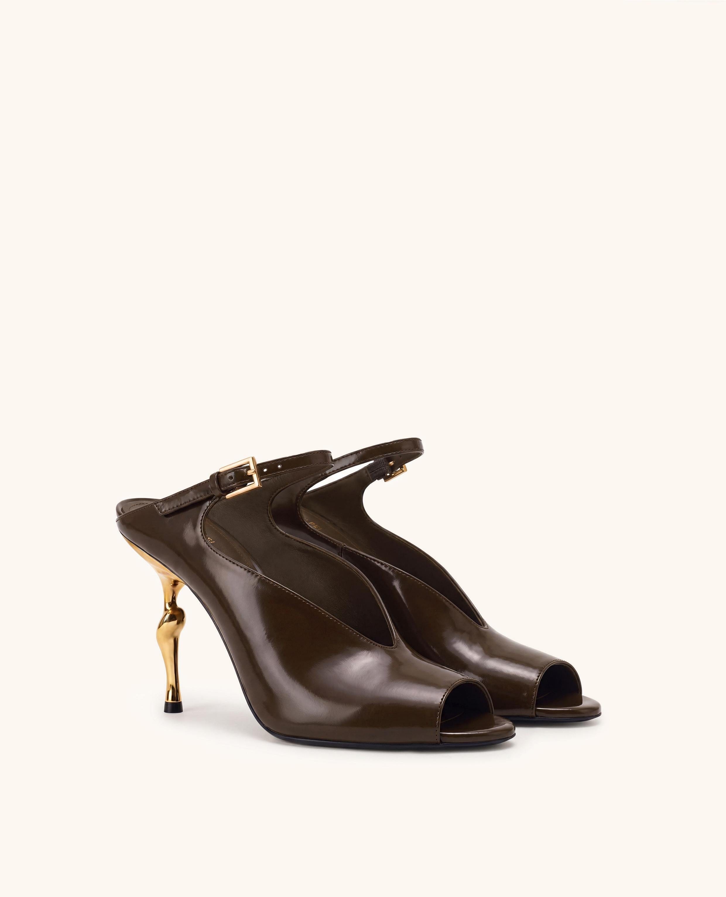 Jw Pei Alivia Gold Metal Peep Toe Heels Dark Brown
