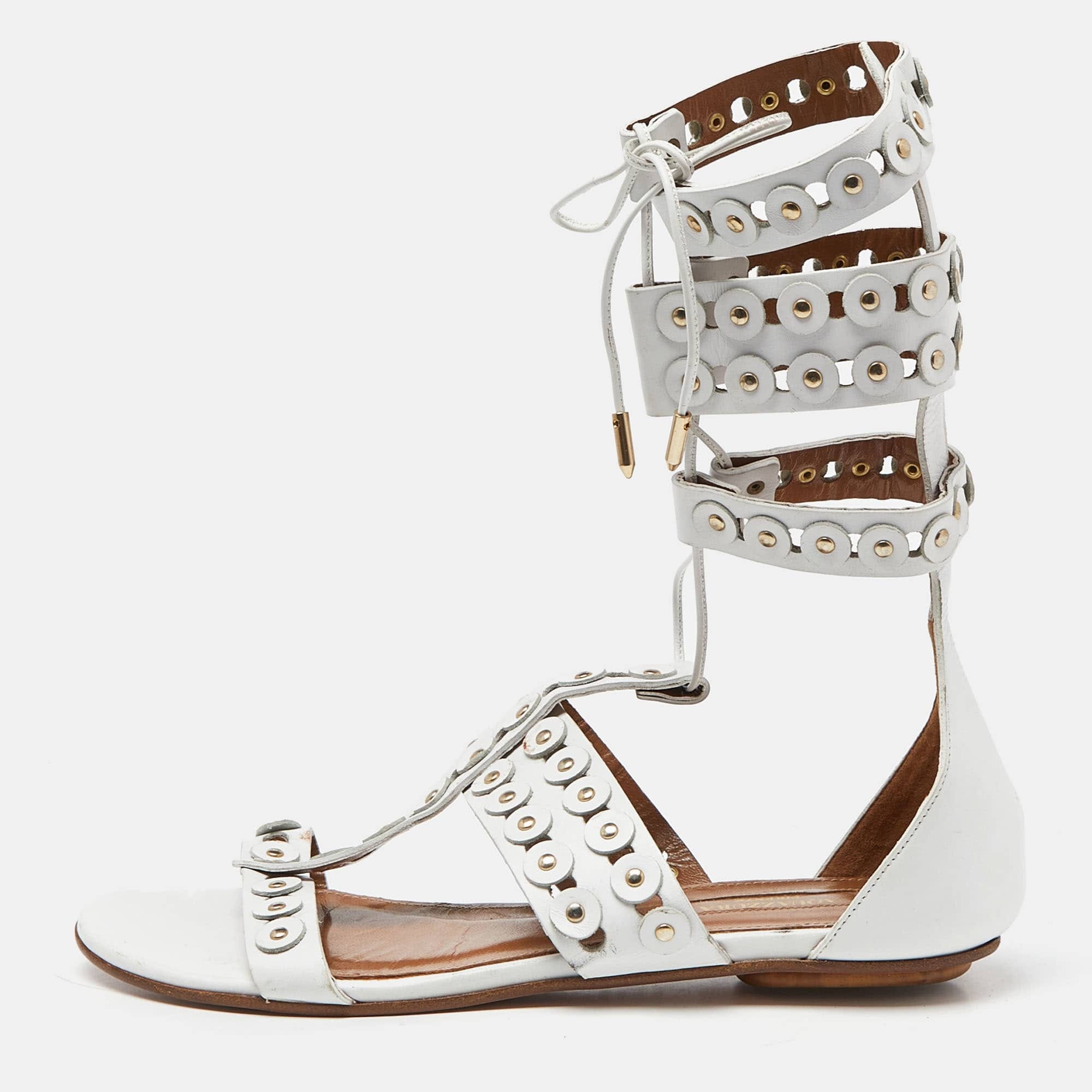 Aquazzura White Studded Leather Strappy Gladiator Flat Sandals