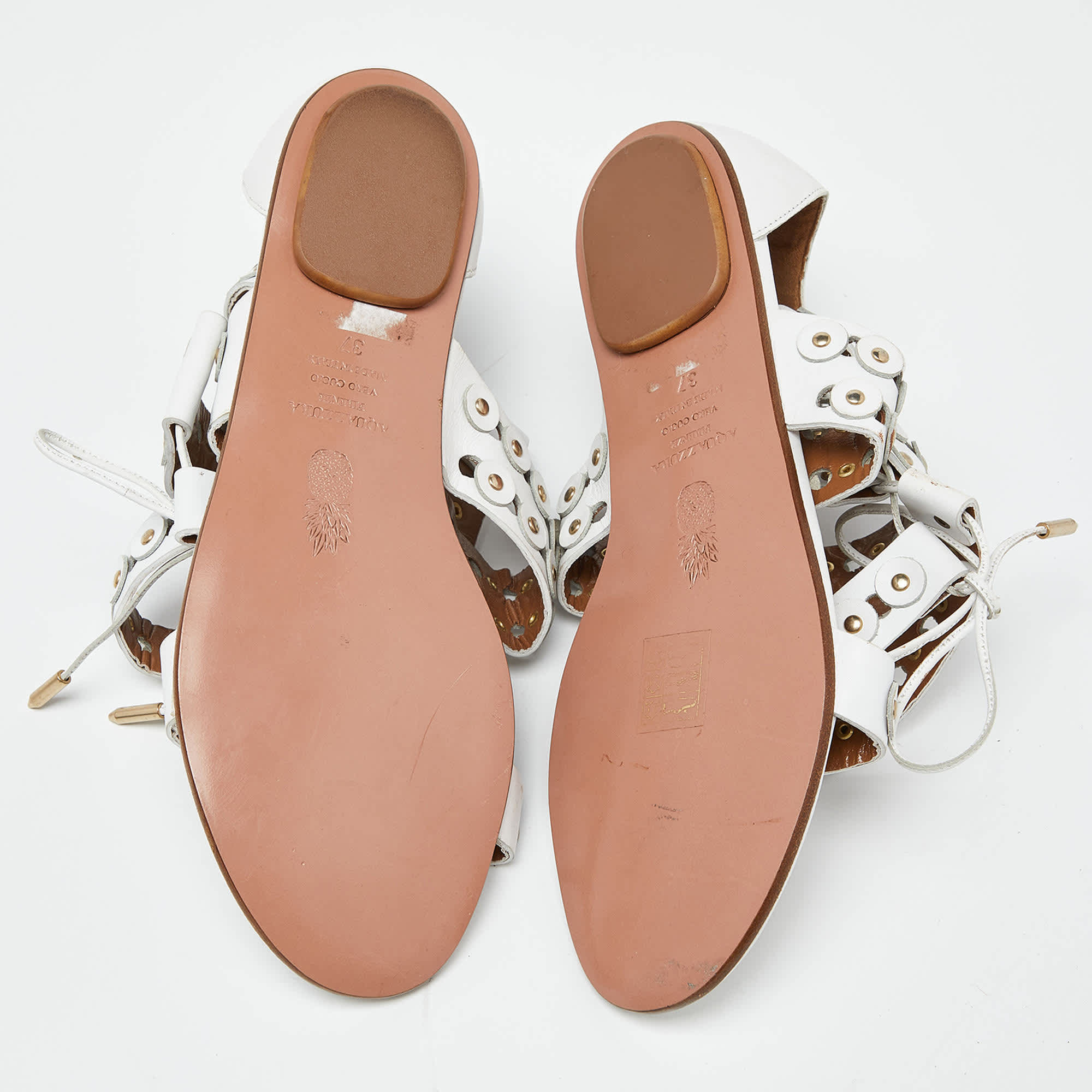 Aquazzura White Studded Leather Strappy Gladiator Flat Sandals