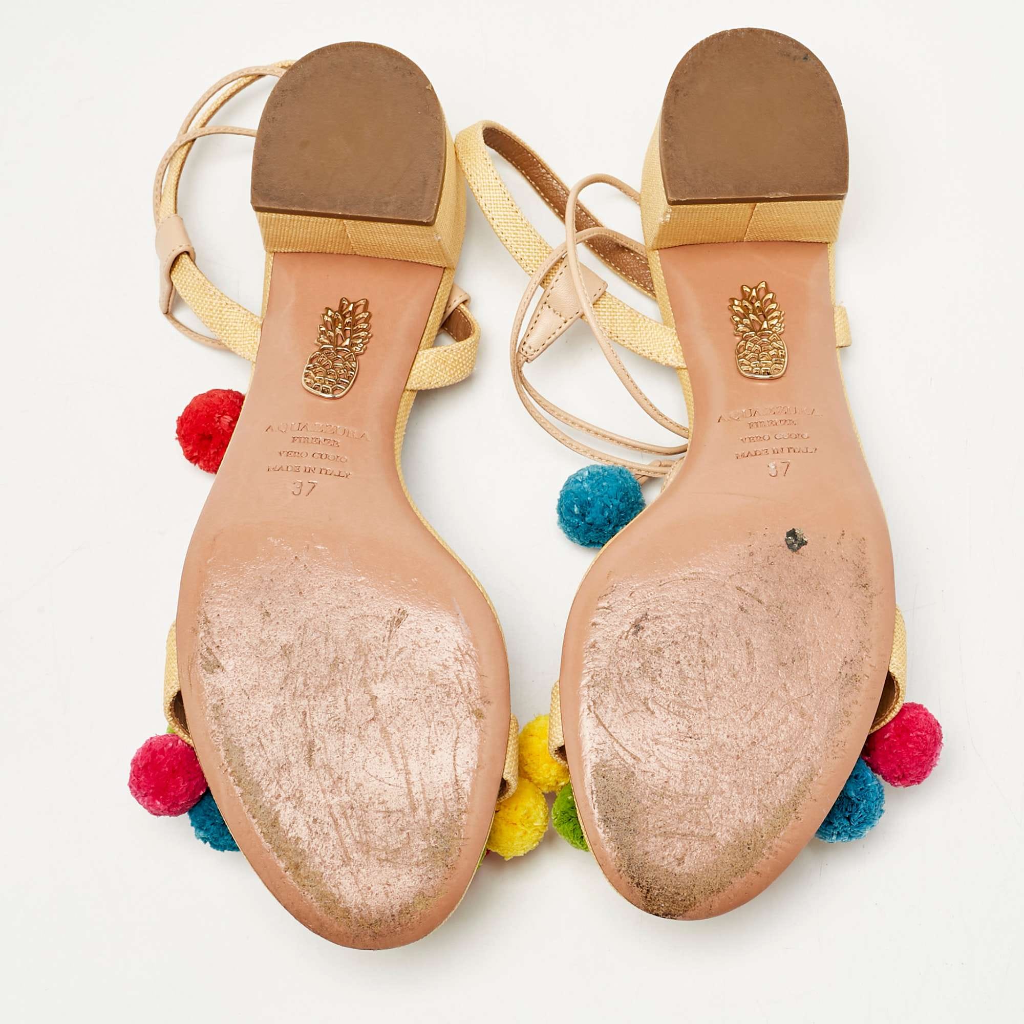 Aquazzura Multicolor Raffia Pom Pom Thong Ankle Tie Sandals