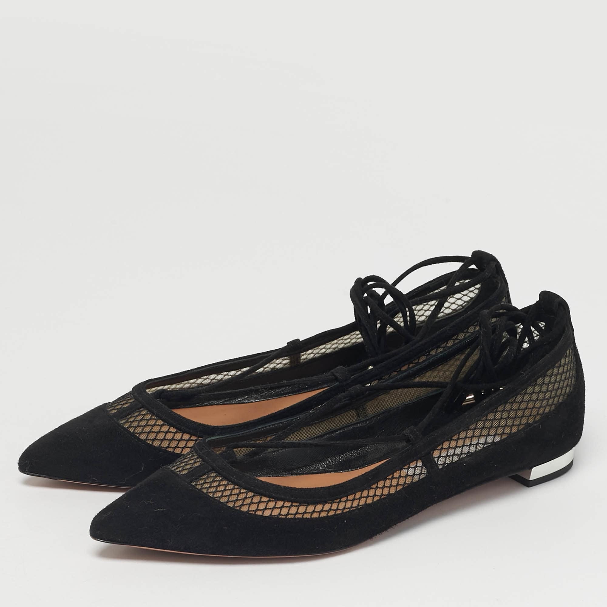Aquazzura Black Net And Suede Ballet Flats
