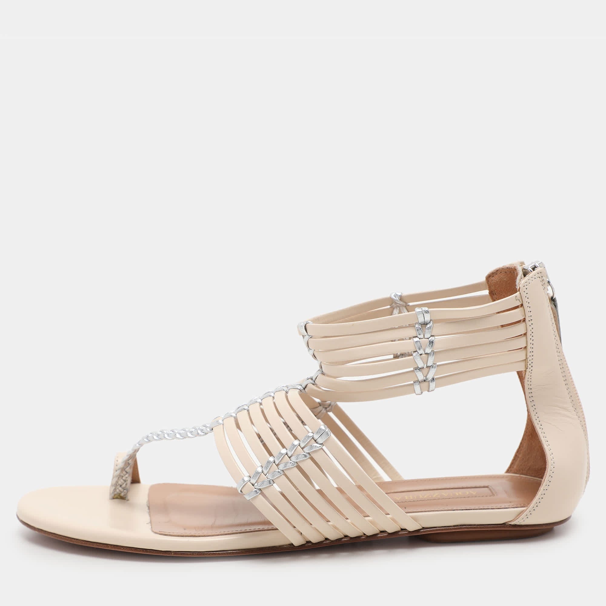 Aquazzura Beige/silver Leather Ravello Gladiator Toe - Ring Flat Sandals