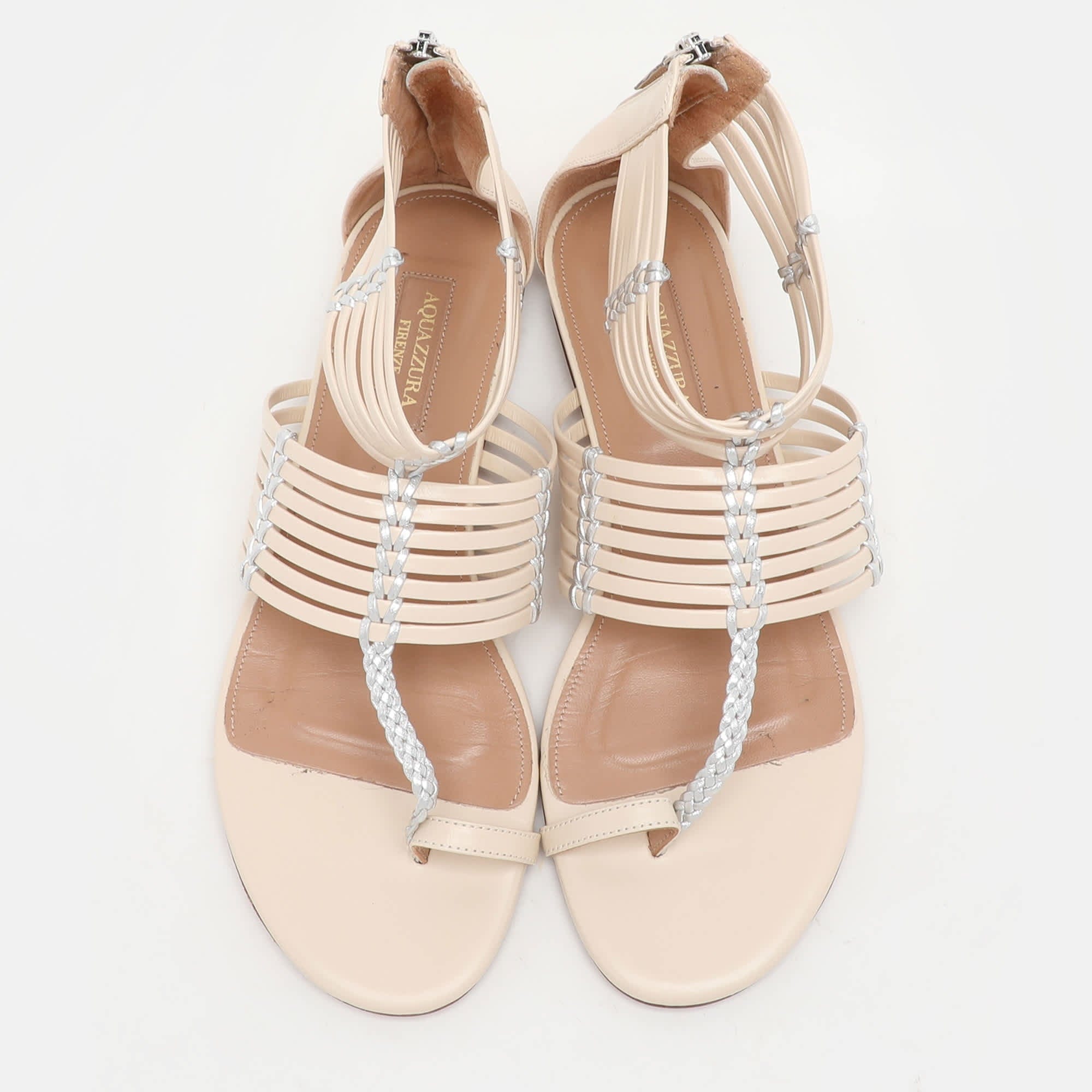 Aquazzura Beige/silver Leather Ravello Gladiator Toe - Ring Flat Sandals