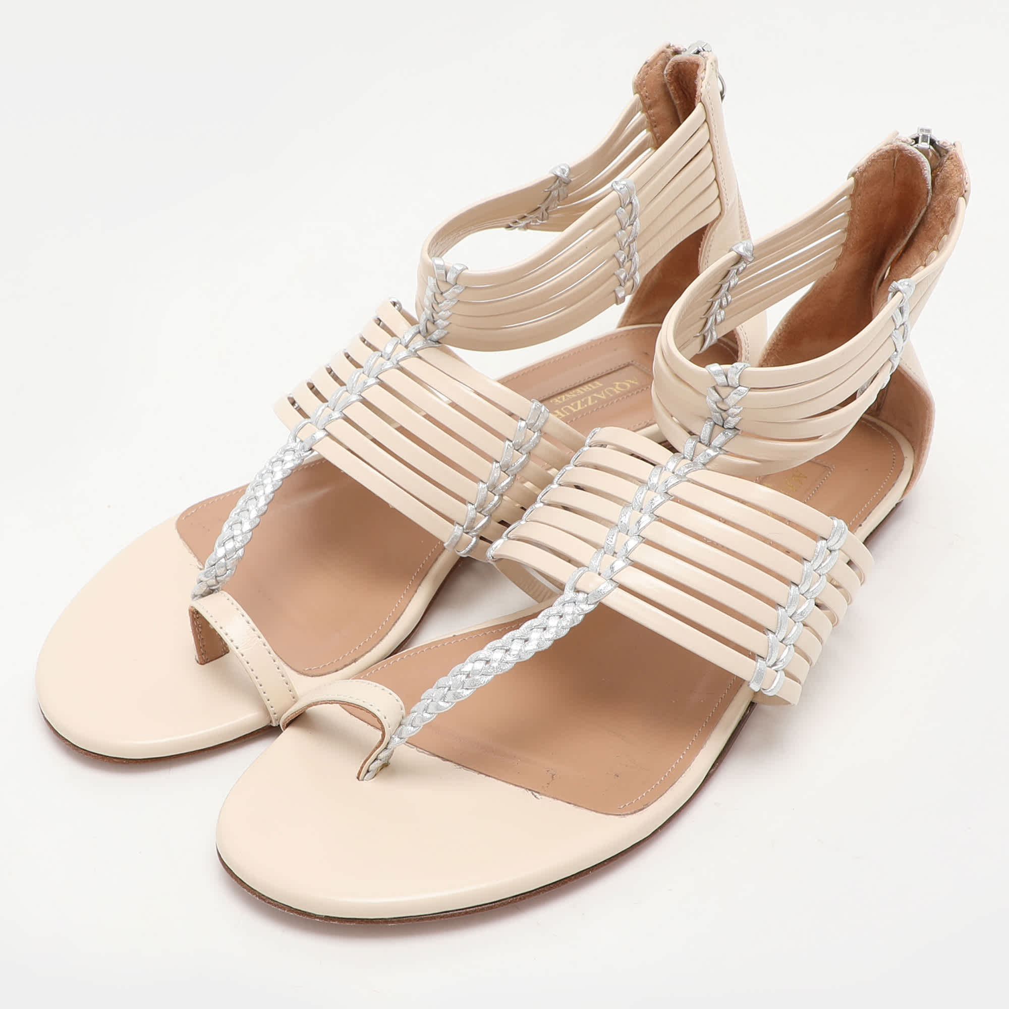 Aquazzura Beige/silver Leather Ravello Gladiator Toe - Ring Flat Sandals