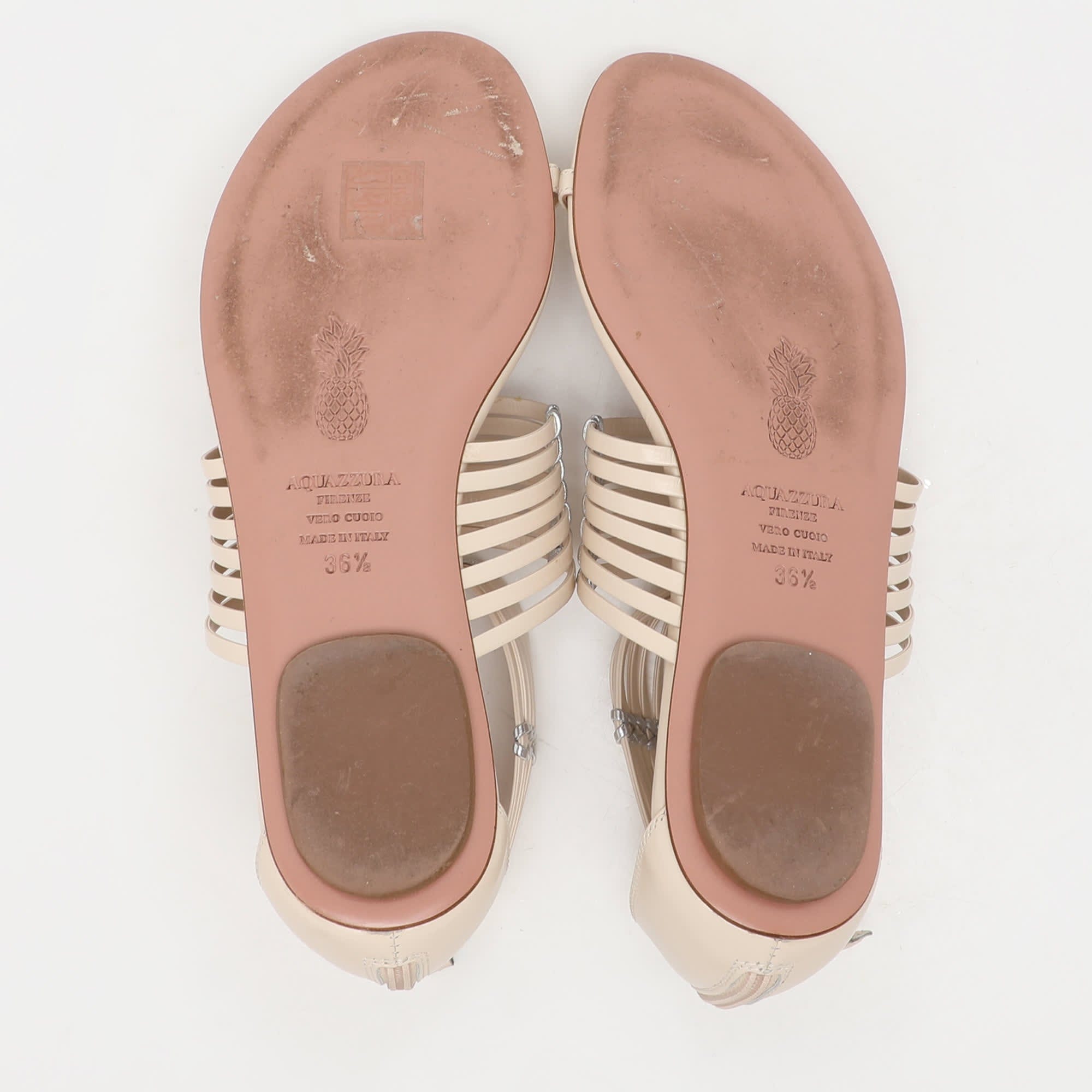 Aquazzura Beige/silver Leather Ravello Gladiator Toe - Ring Flat Sandals