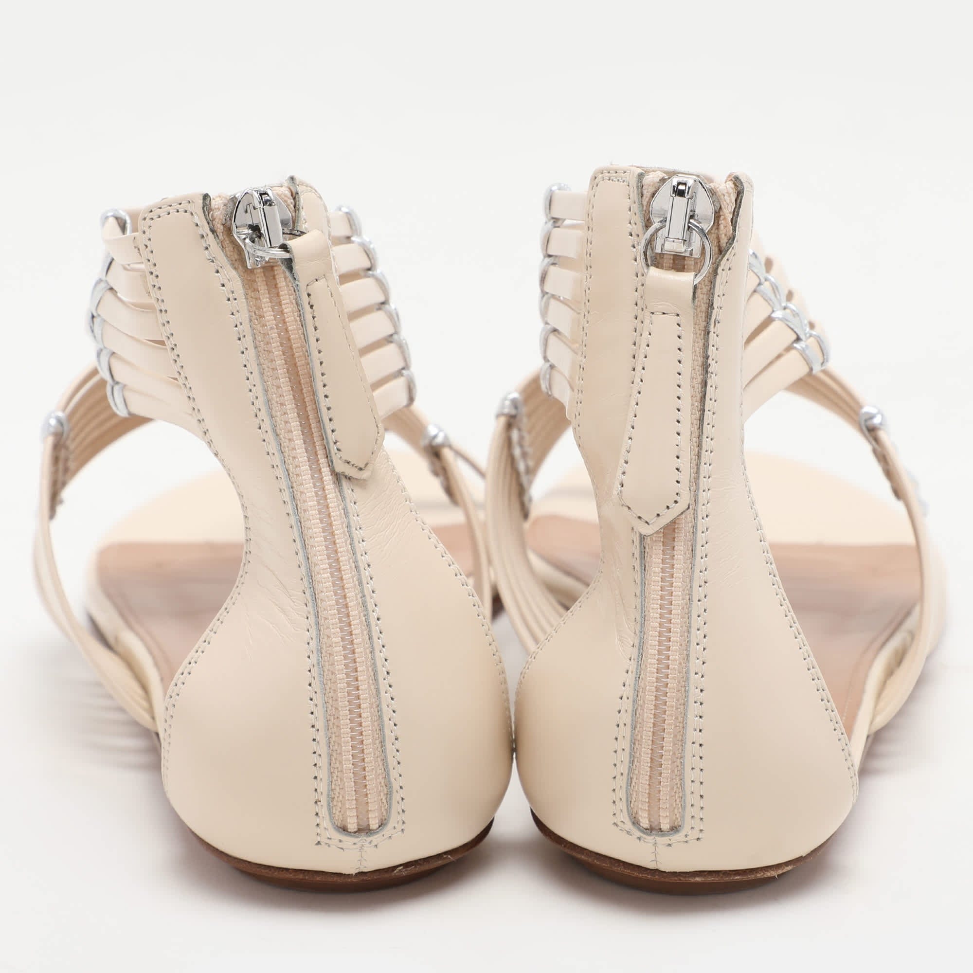 Aquazzura Beige/silver Leather Ravello Gladiator Toe - Ring Flat Sandals