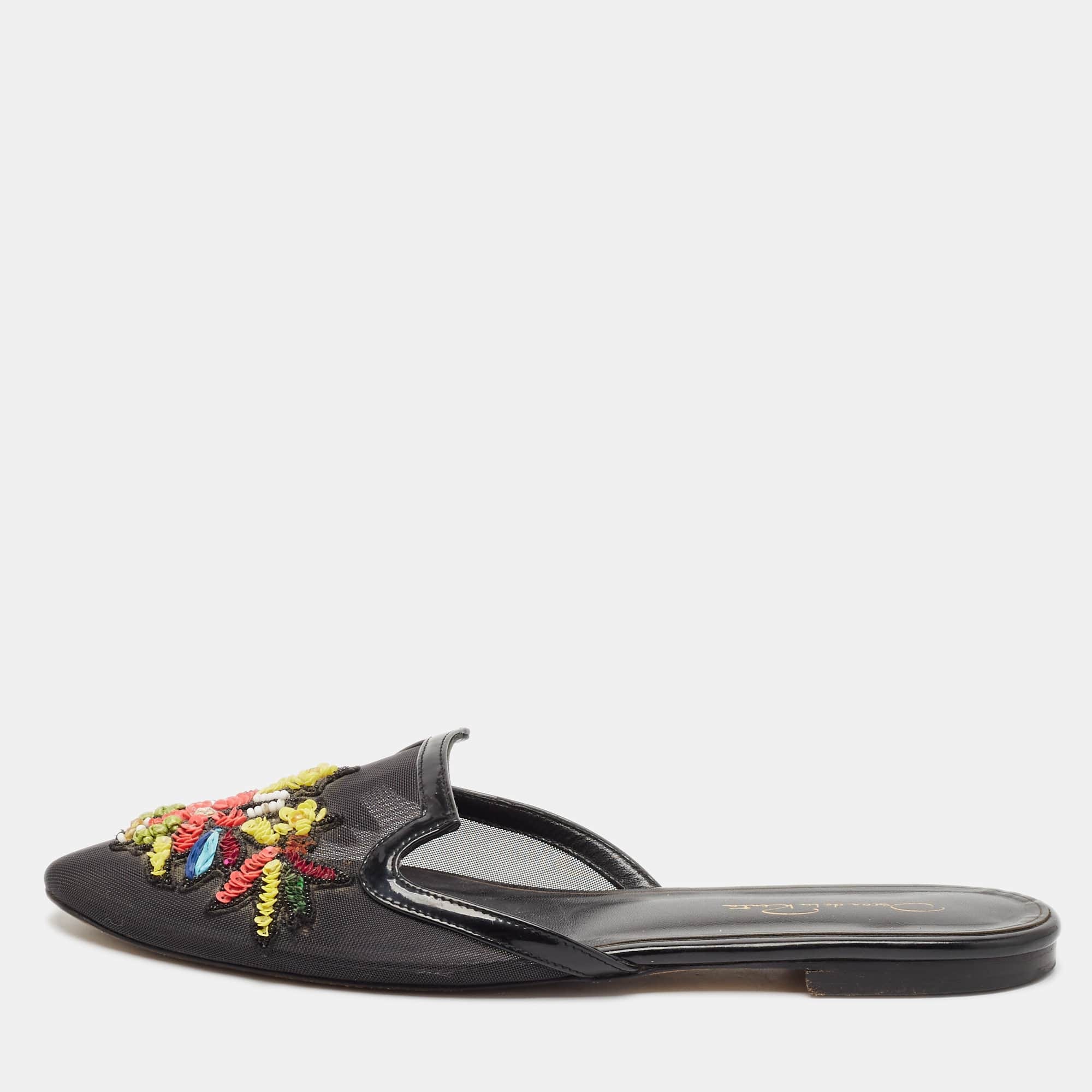 Oscar De La Renta Black Mesh And Patent Leather Embellished Flat Mules
