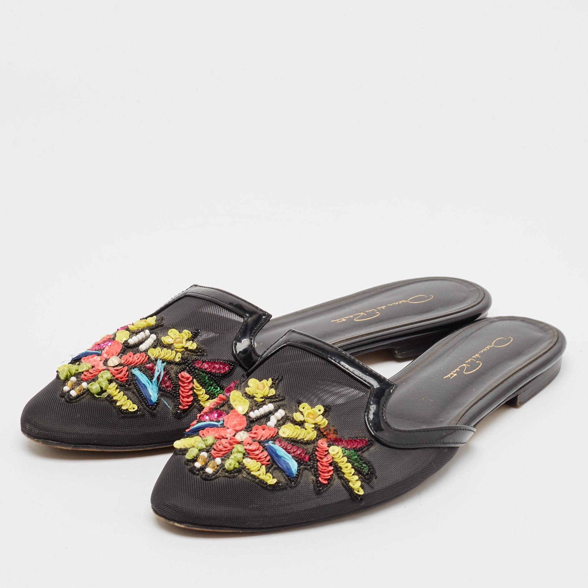 Oscar De La Renta Black Mesh And Patent Leather Embellished Flat Mules