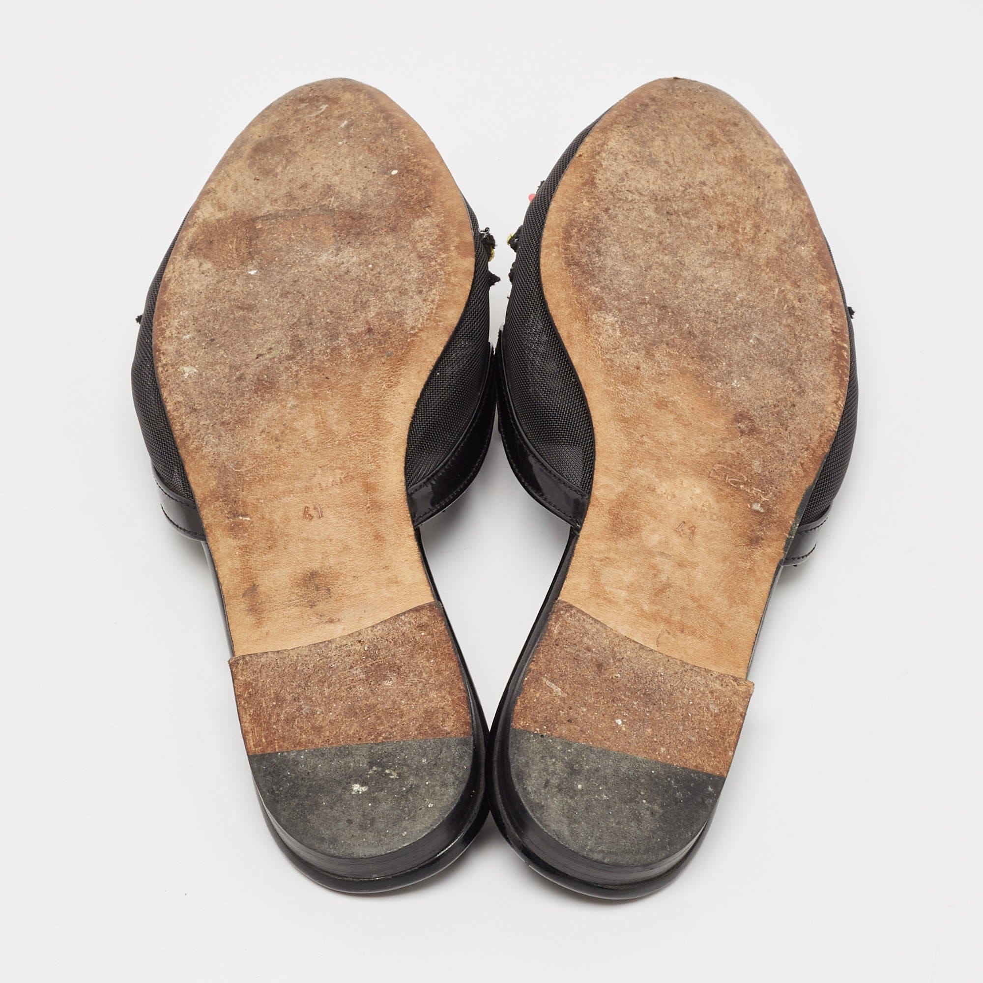 Oscar De La Renta Black Mesh And Patent Leather Embellished Flat Mules