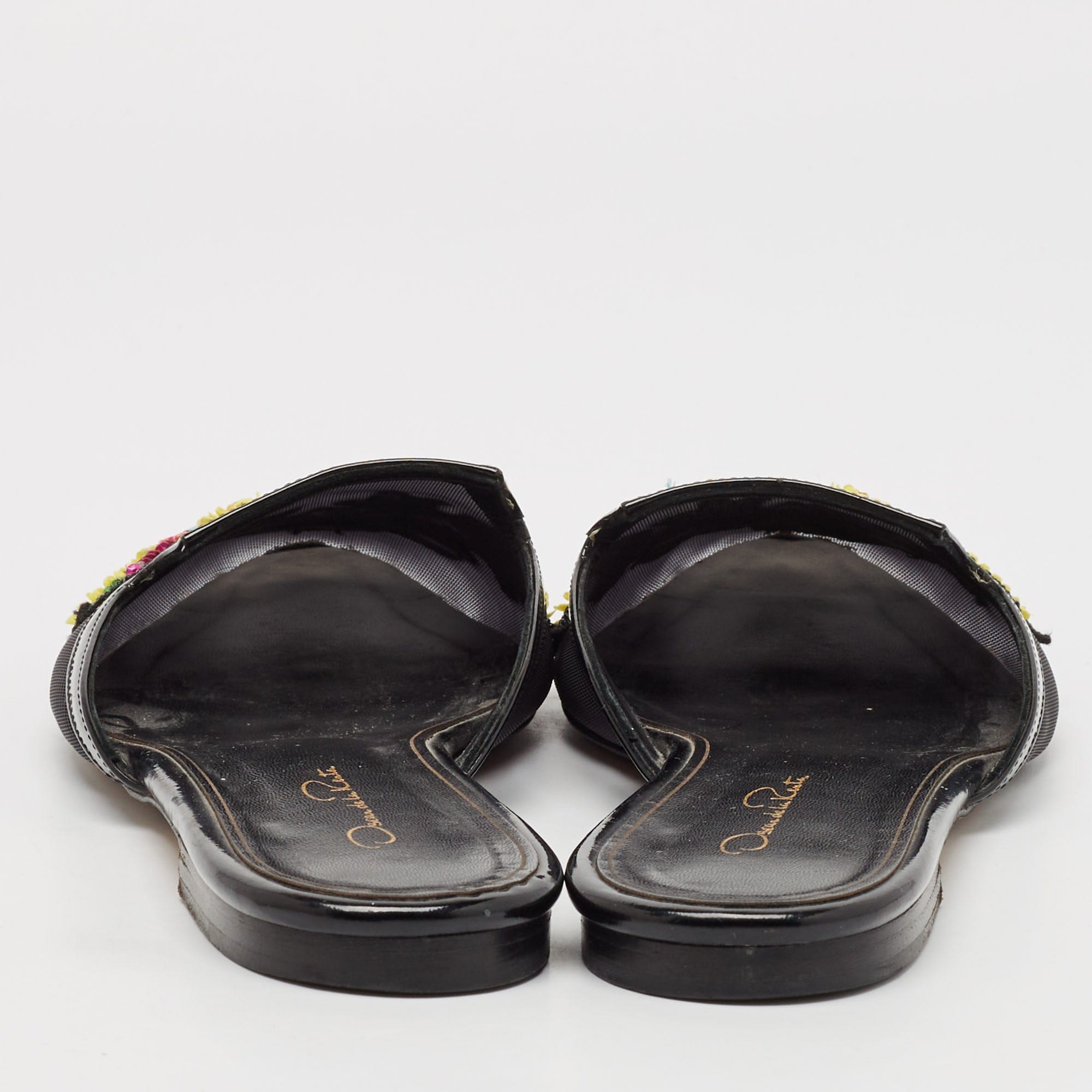 Oscar De La Renta Black Mesh And Patent Leather Embellished Flat Mules