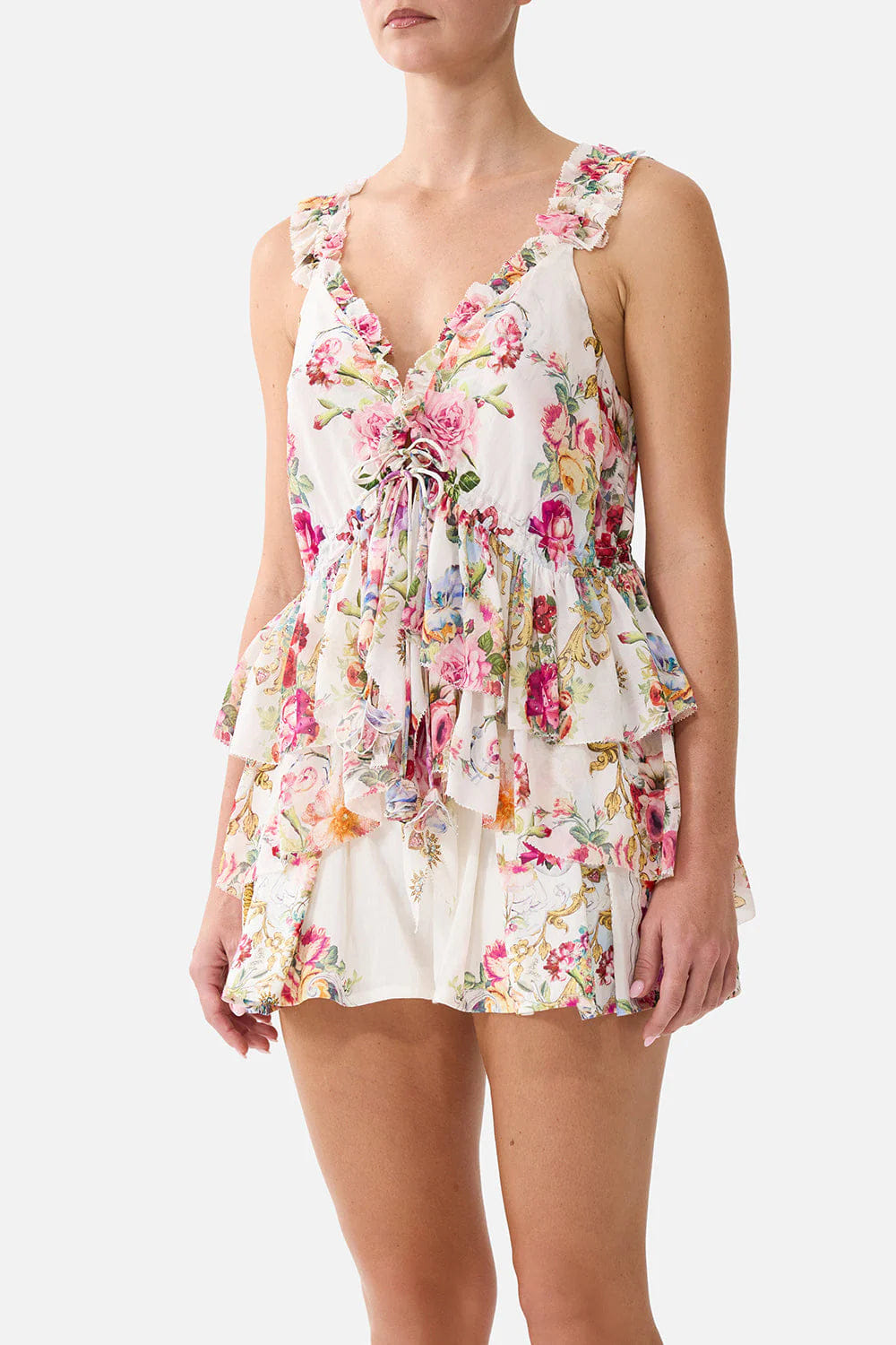 Camilla Torero Libertine Floral Sleeveless Ruffles Tie Front Detail Silk Top in White
