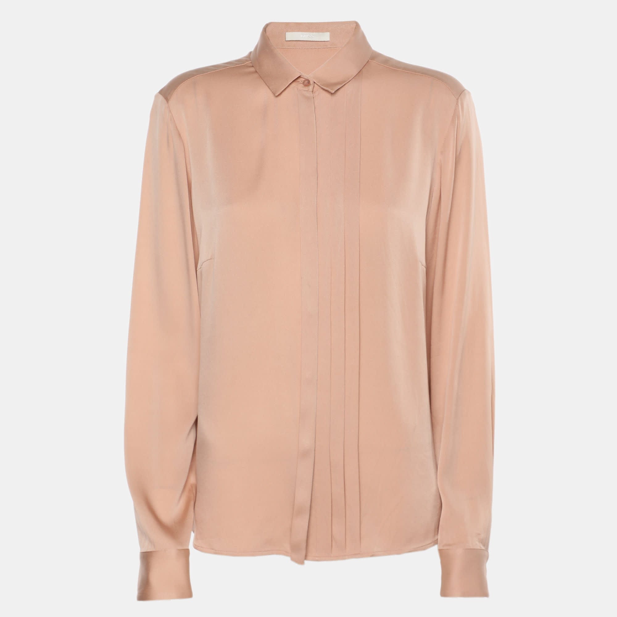 Hugo Boss Boss By Hugo Boss Peach Satin Long Sleeve Pleated Shirt