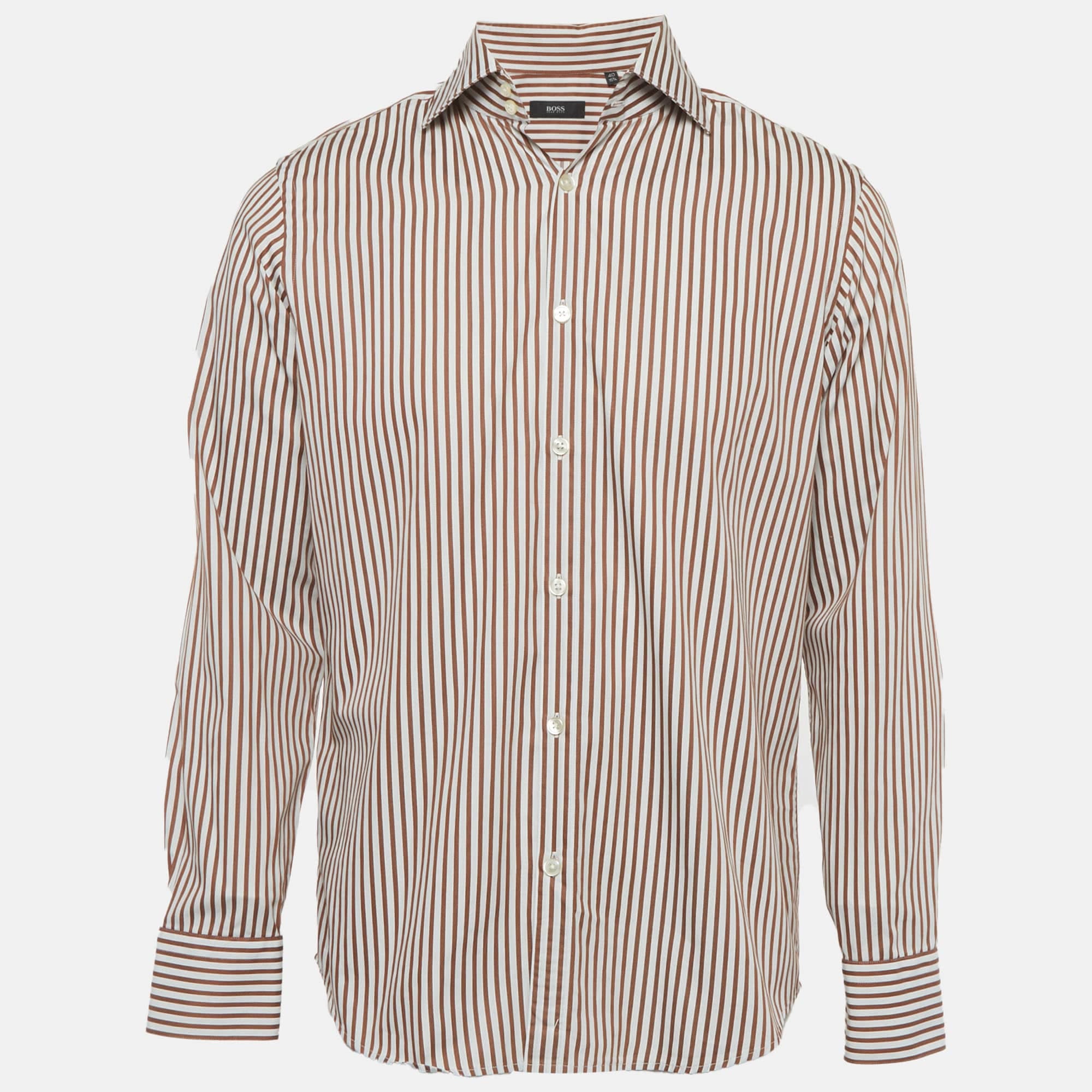 Hugo Boss Boss By Hugo Boss Brown/white Striped Cotton Shirt