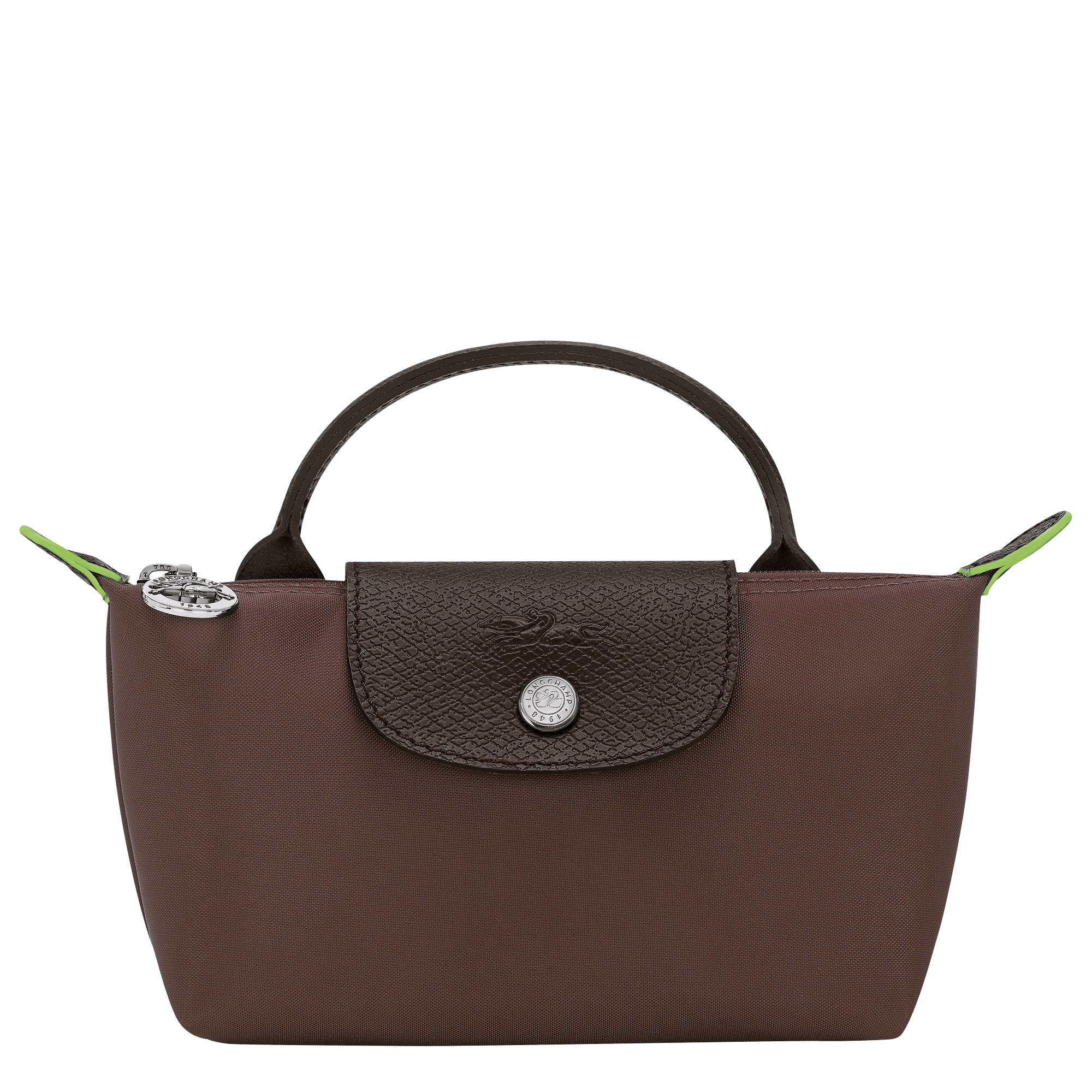 Long Champ Longchamp Le Pliage Green Pouch with handle Mocha