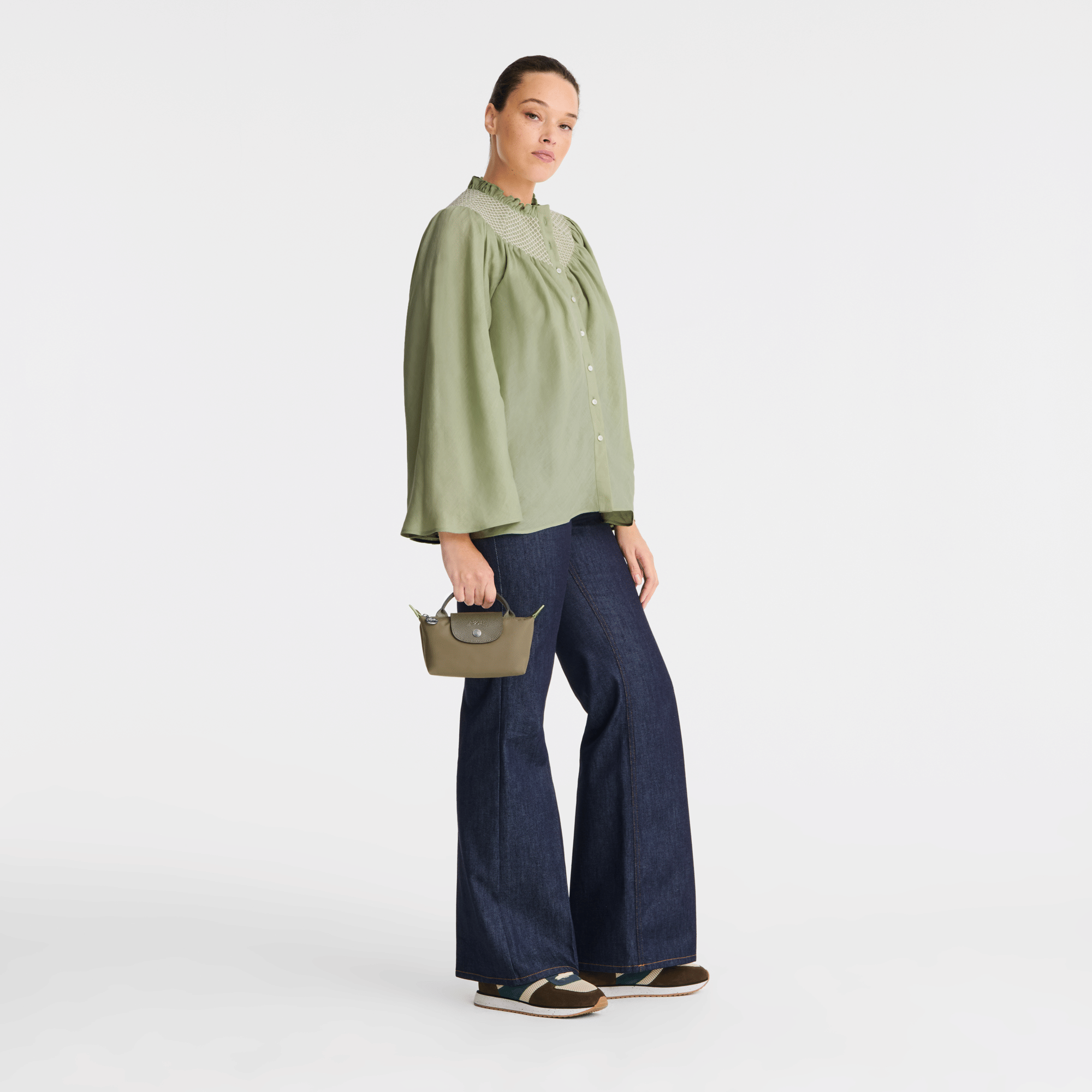 Long Champ Longchamp Le Pliage Green Pouch with handle Artichoke