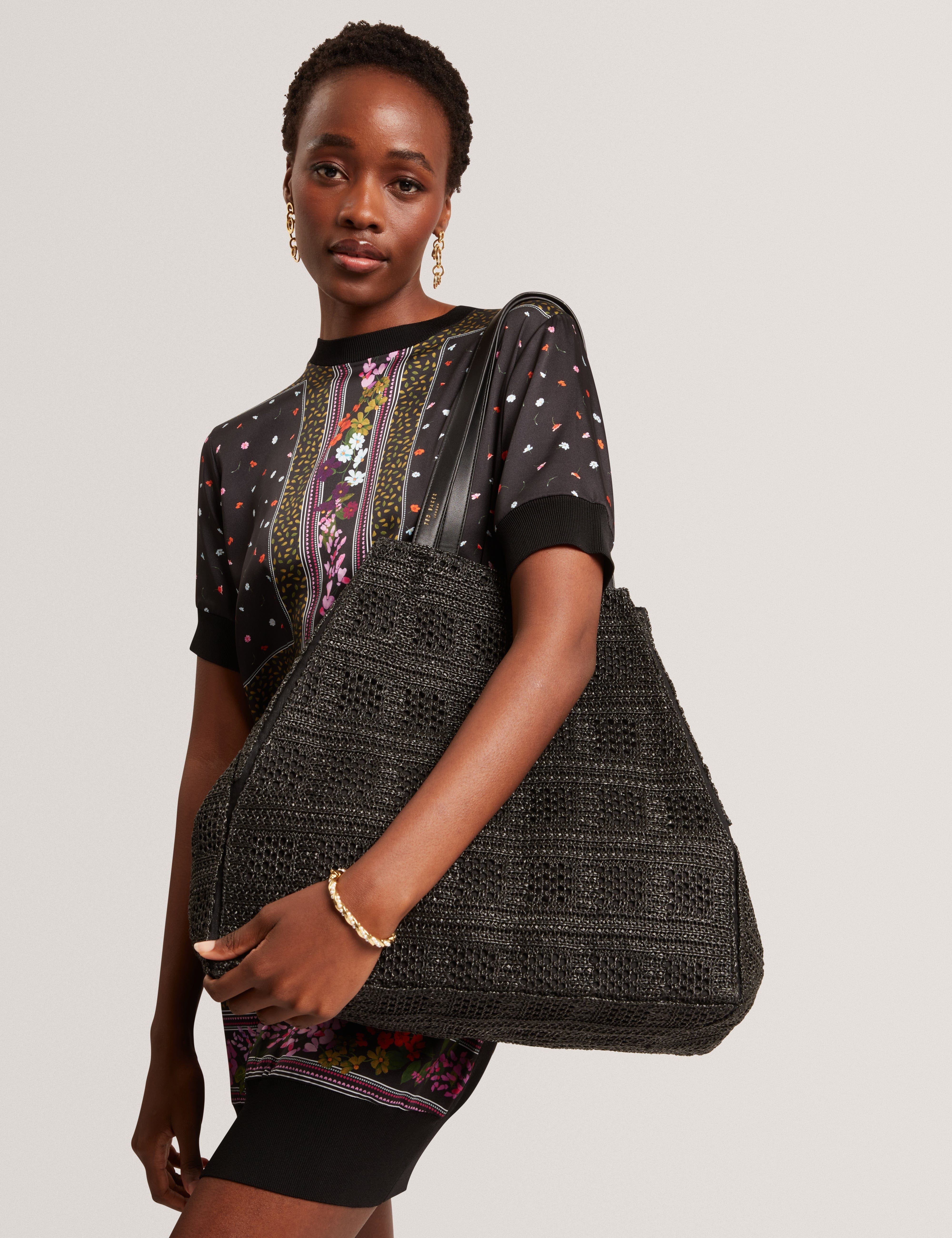 Ted Baker MOV Periiee Raffia Straw Collapsible Puzzle Bag Black